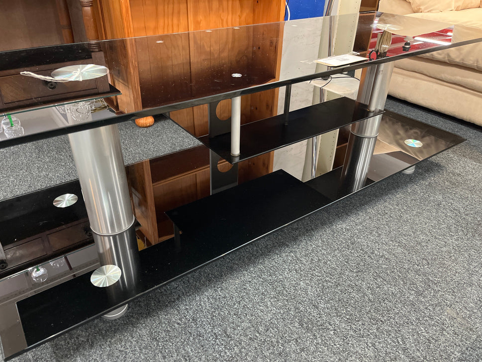 Black glass large tiered TV unit (H 48 x W 150 x D 50 cm) 2225