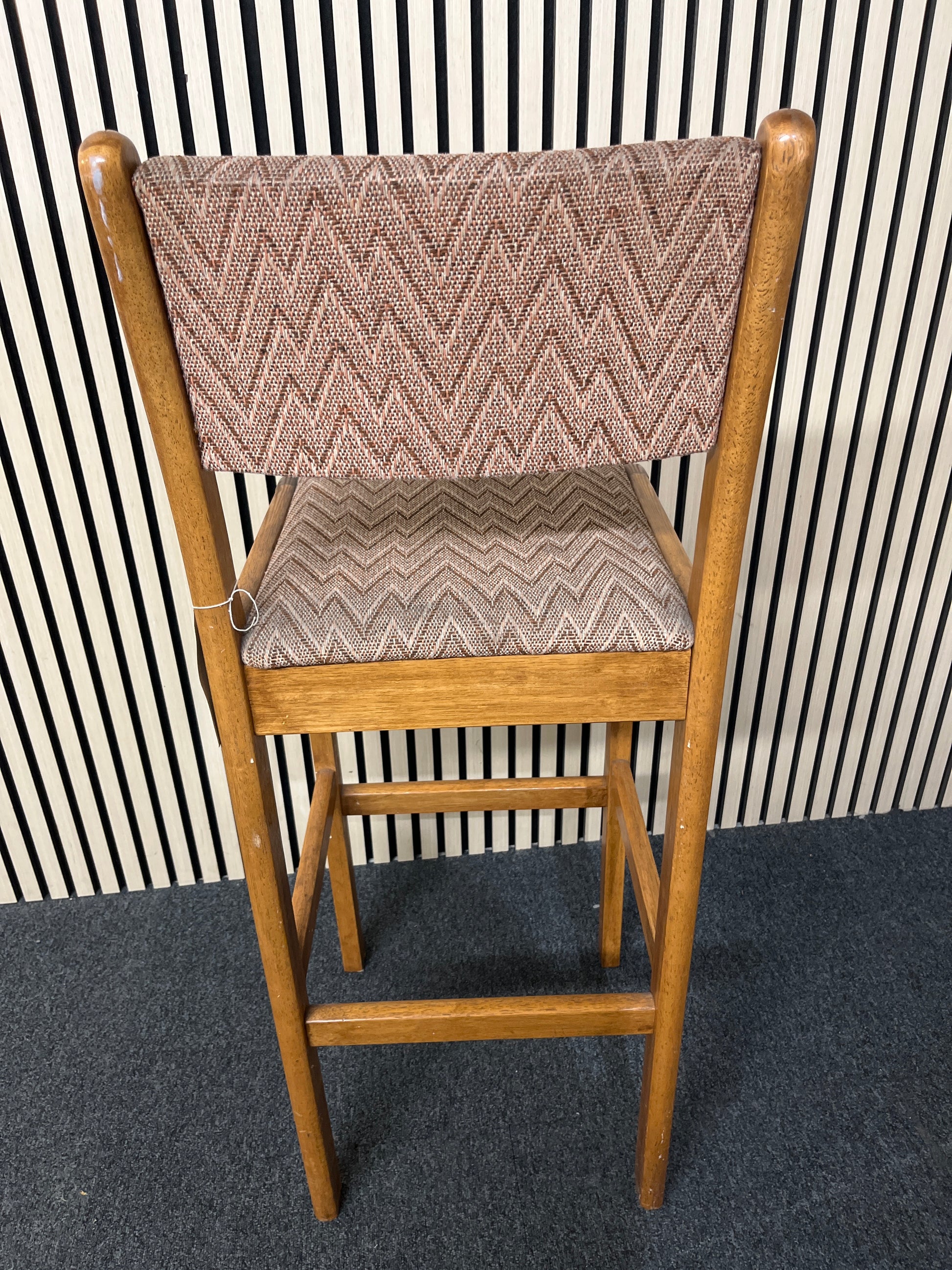 Solid stained rubberwood high back bar stool with brown mix fabric seat cushion