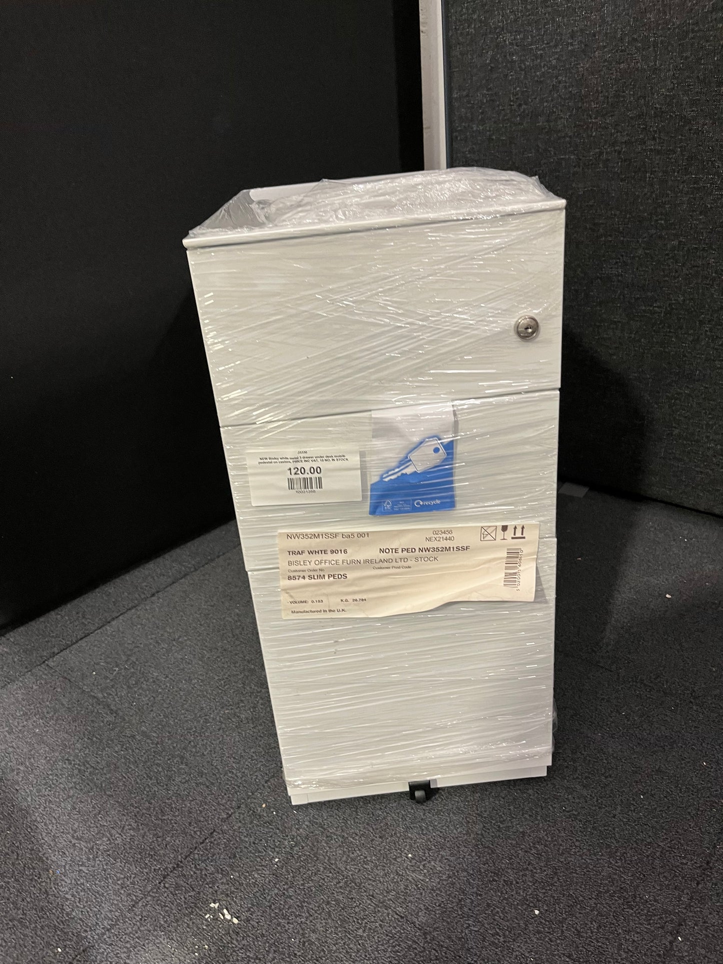 NEW Bisley white metal 3 drawer under desk mobile pedestal on castors. PRICE INC VAT, 10 NO. IN STOCK