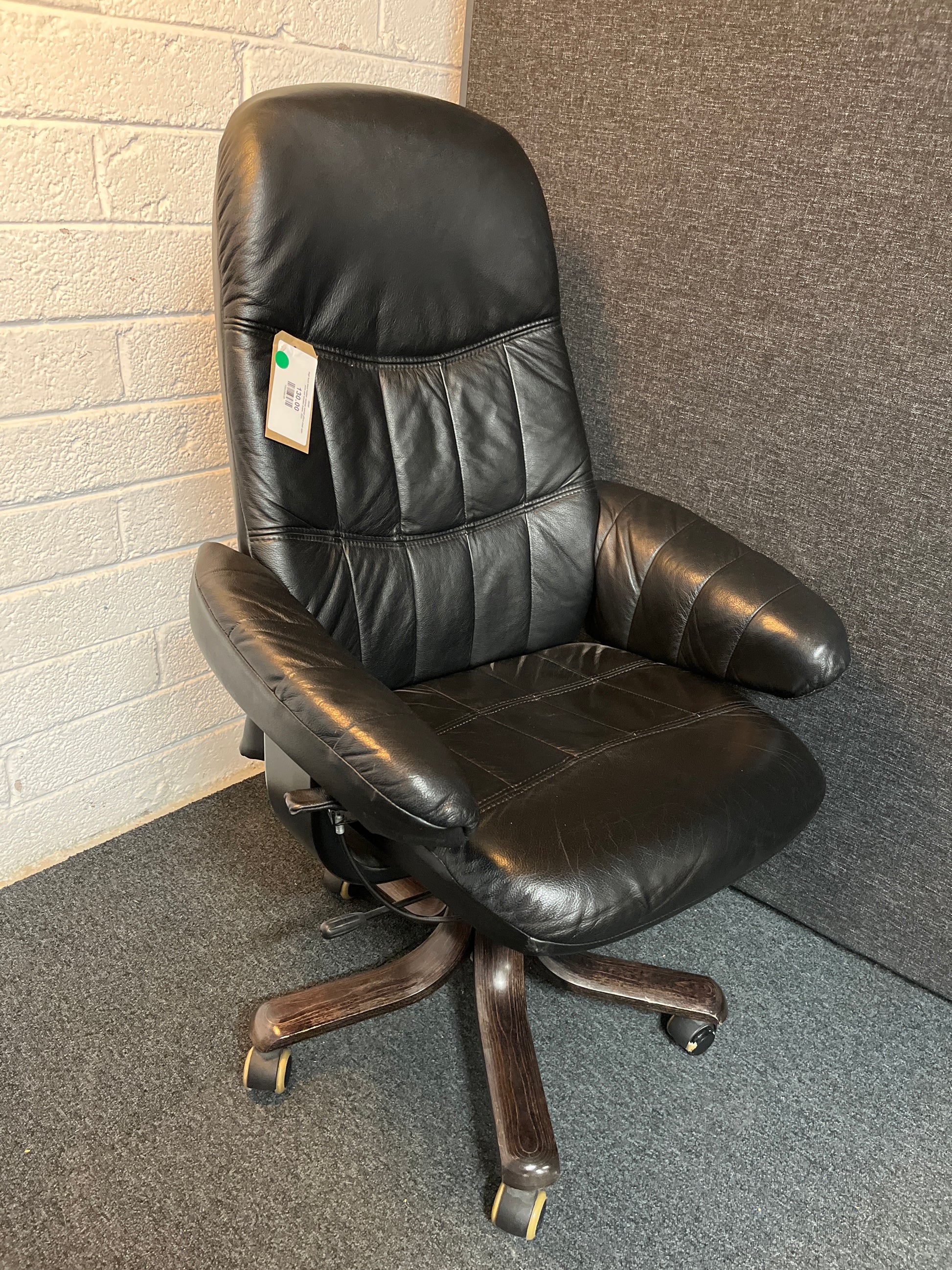High back black leather recliner swivel office chair with arms and wooden frame  2225