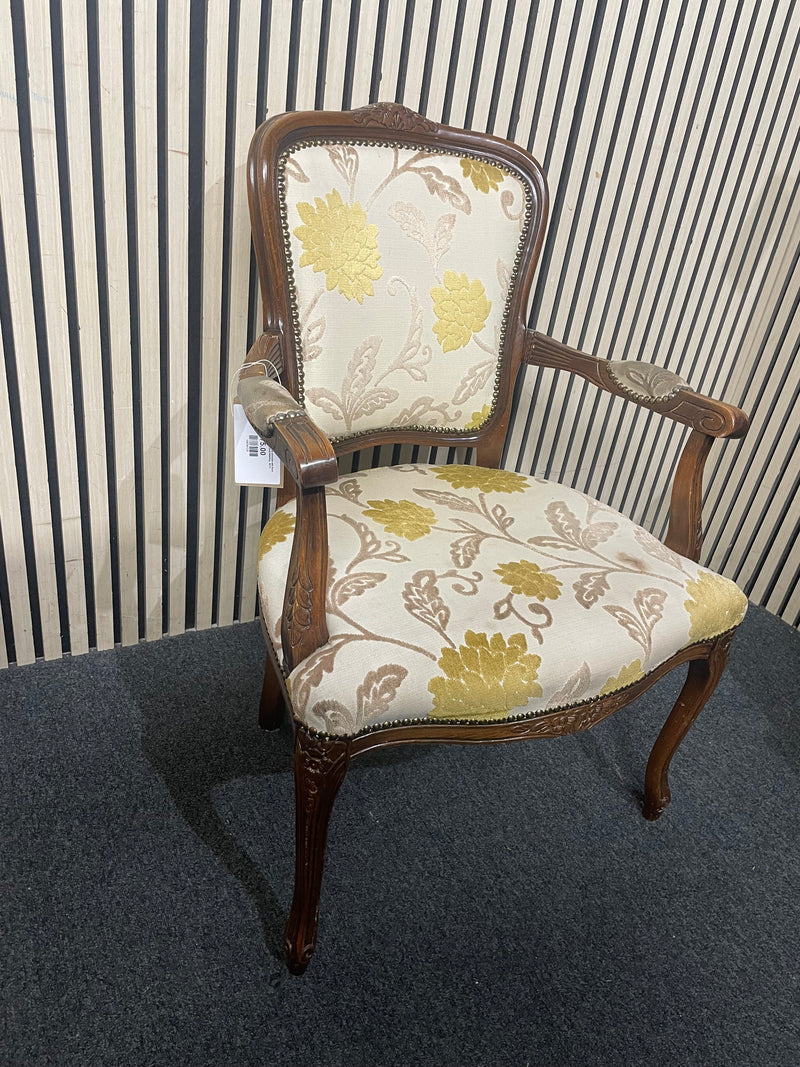 Italian Limogue Carved wooden armchair with floral pattern upholstery and stud detailing.  44731