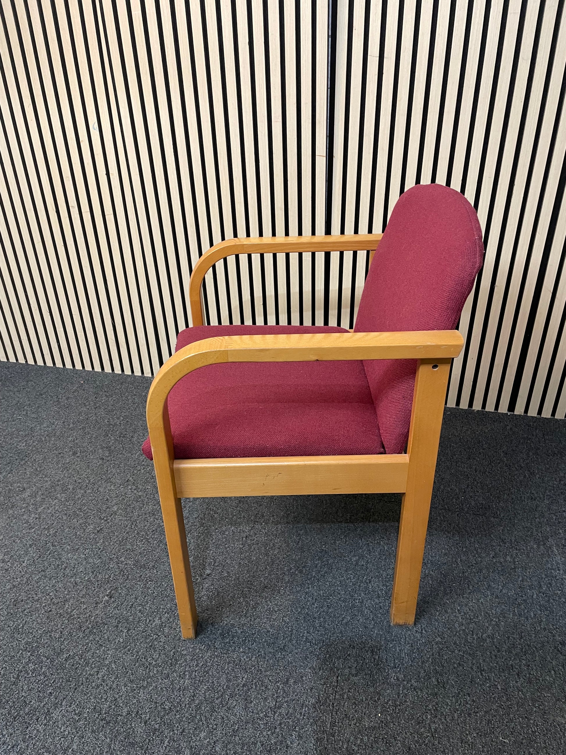 Solid beech framed meeting chair with arms in wine fabric seat and back