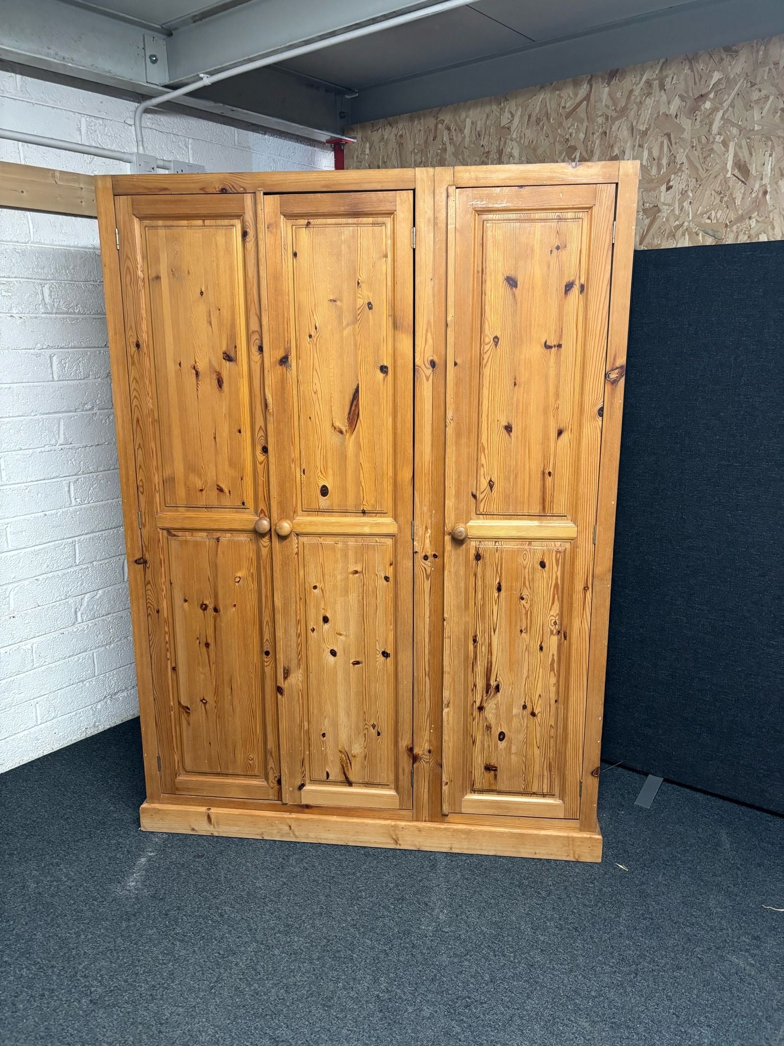 Tall solid pitch pine 3 door wardrobe 2020Hx1450Wx600D 1225