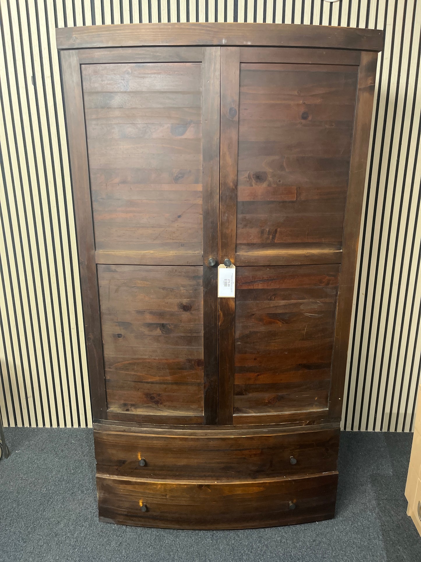 Solid stained pine bow fronted two door 2 base drawer wardrobe (H 182 x W 100 x D 62 cm) 43977
