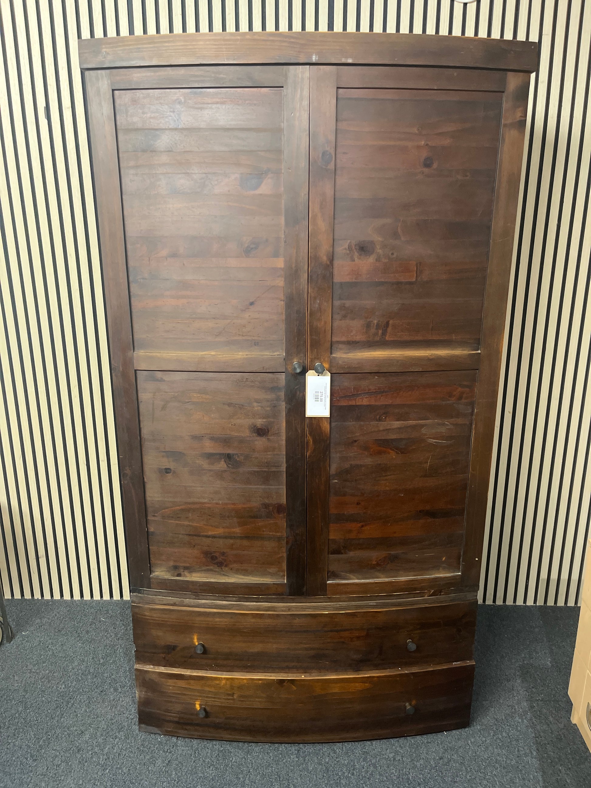 Solid stained pine bow fronted two door 2 base drawer wardrobe (H 182 x W 100 x D 62 cm) 43977