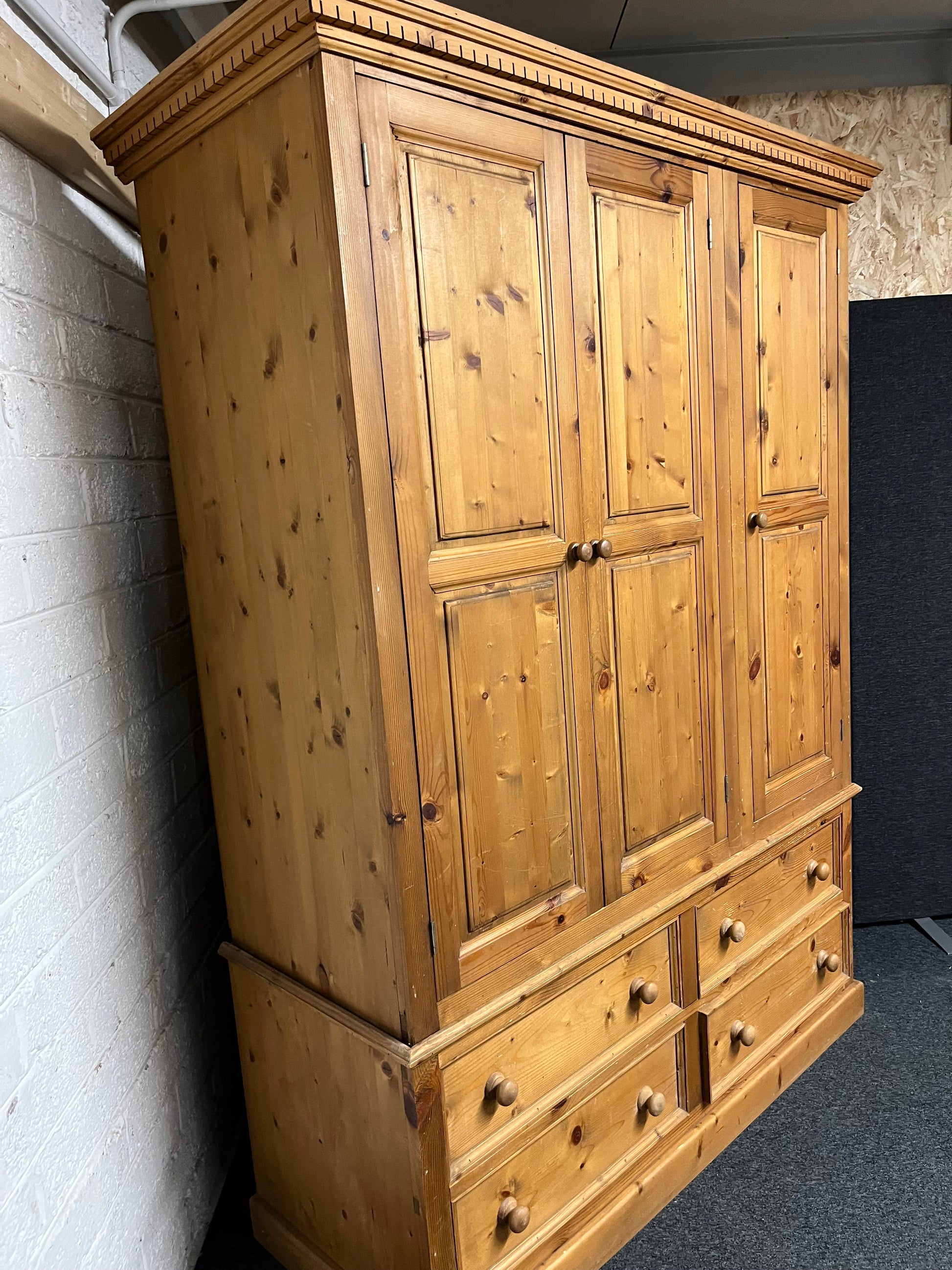 Solid tall pitch pine 3 door 4 drawer wardrobe with ornate pelmet (1480Wx2050Hx630D mm) 1225