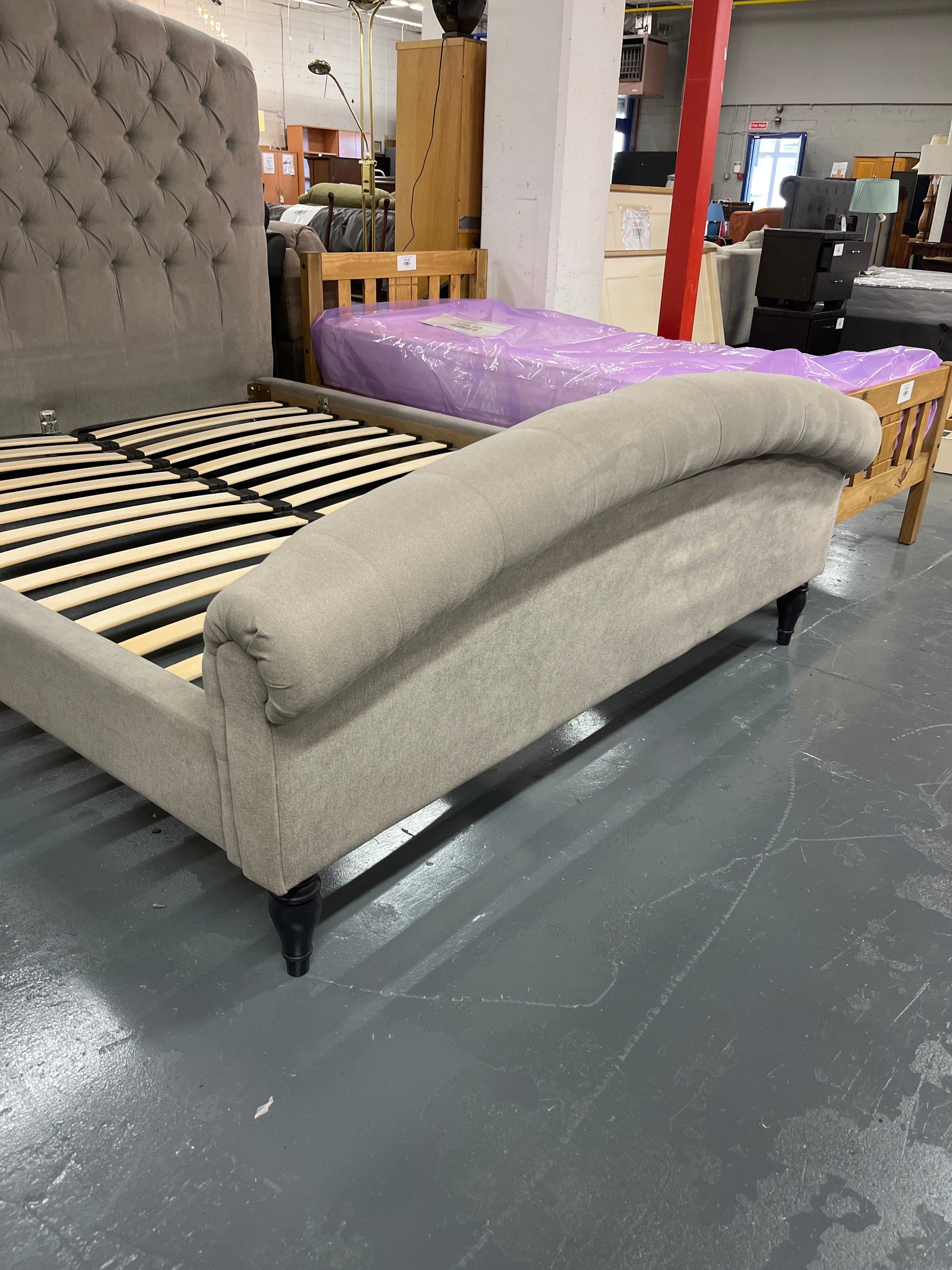 5ft high end light brown fabric button back bed frame 1225