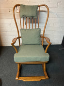 Switch Solid oak high back ornate rocking chairs with sea green fabric seat cushion and back. Missing one spindle on the back  2225 2 image