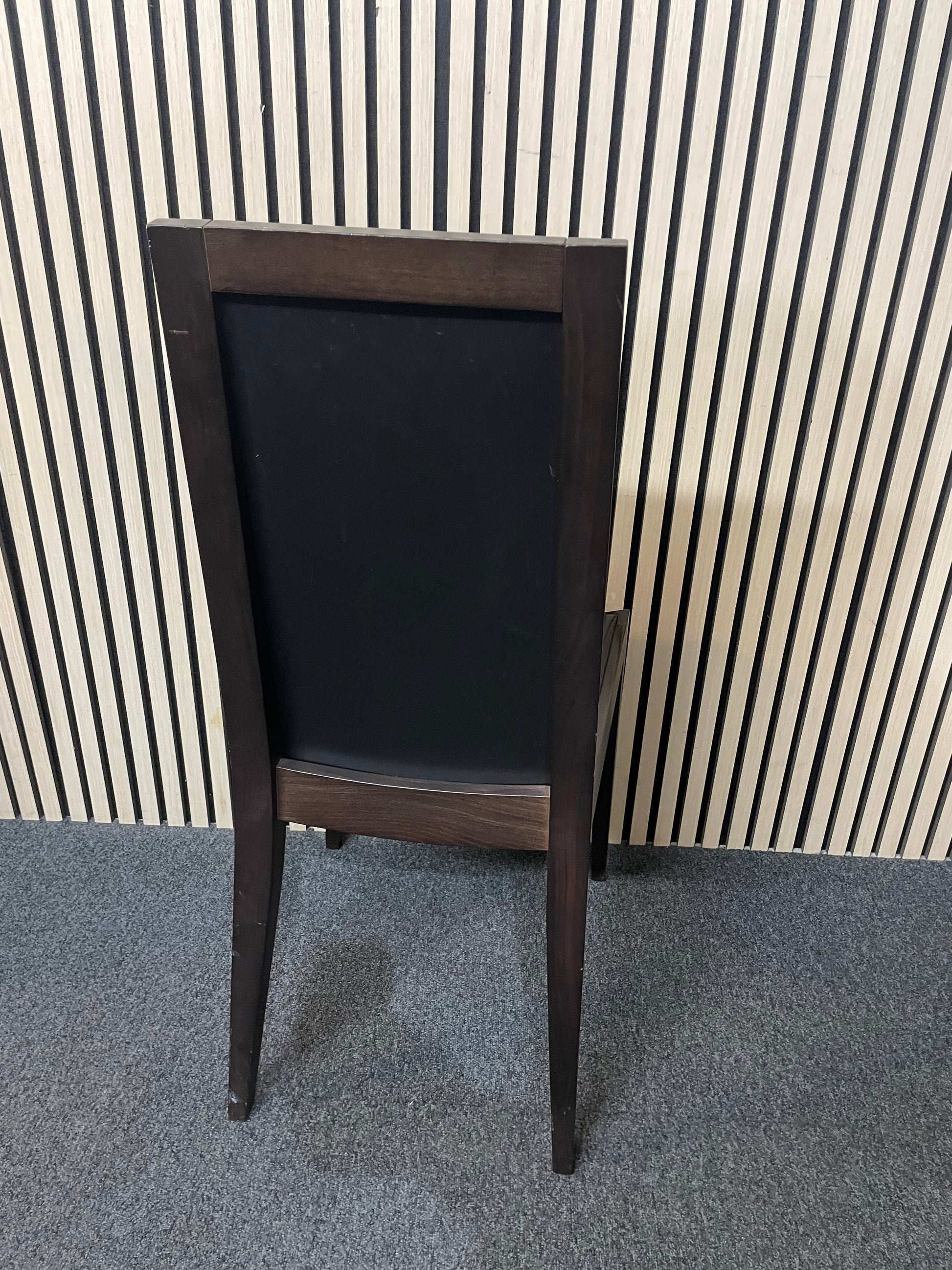 black leatherette dining chair with dark wood frame  2425