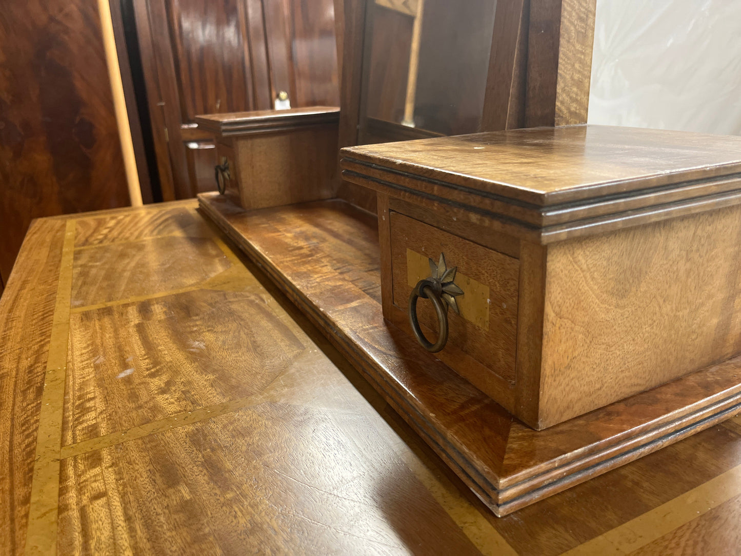 Ornate mahogany inlaid 6 drawer bedroom chest dresser with top mirror and drawers.(H 165 x W 115 x D 55 cm) PART OF A SET BUT CAN BE SOLD SEPARATELY 2225