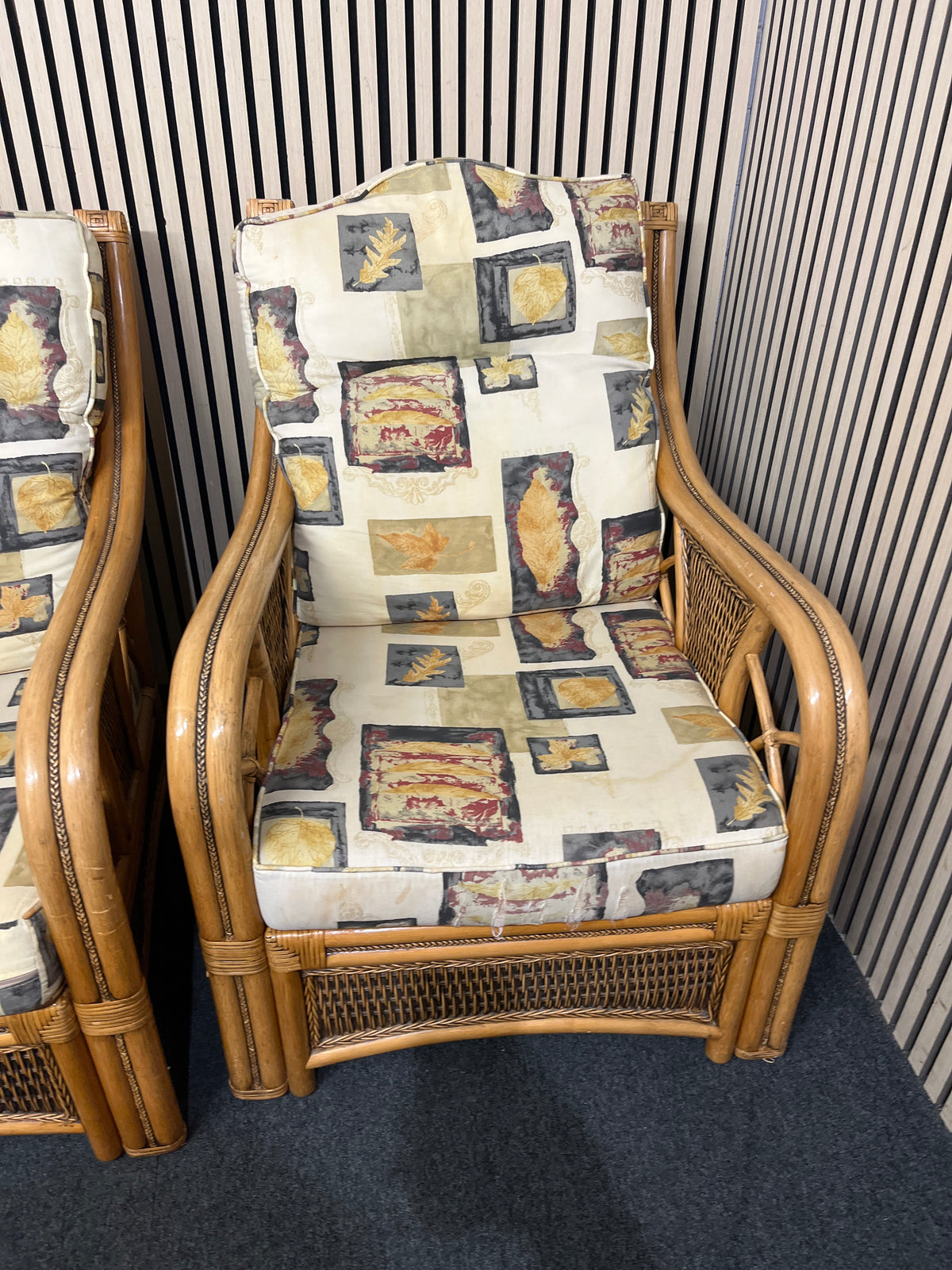 Bamboo-style wicker 2 seater sofa, armchair and matching glass-top side tables.  44379