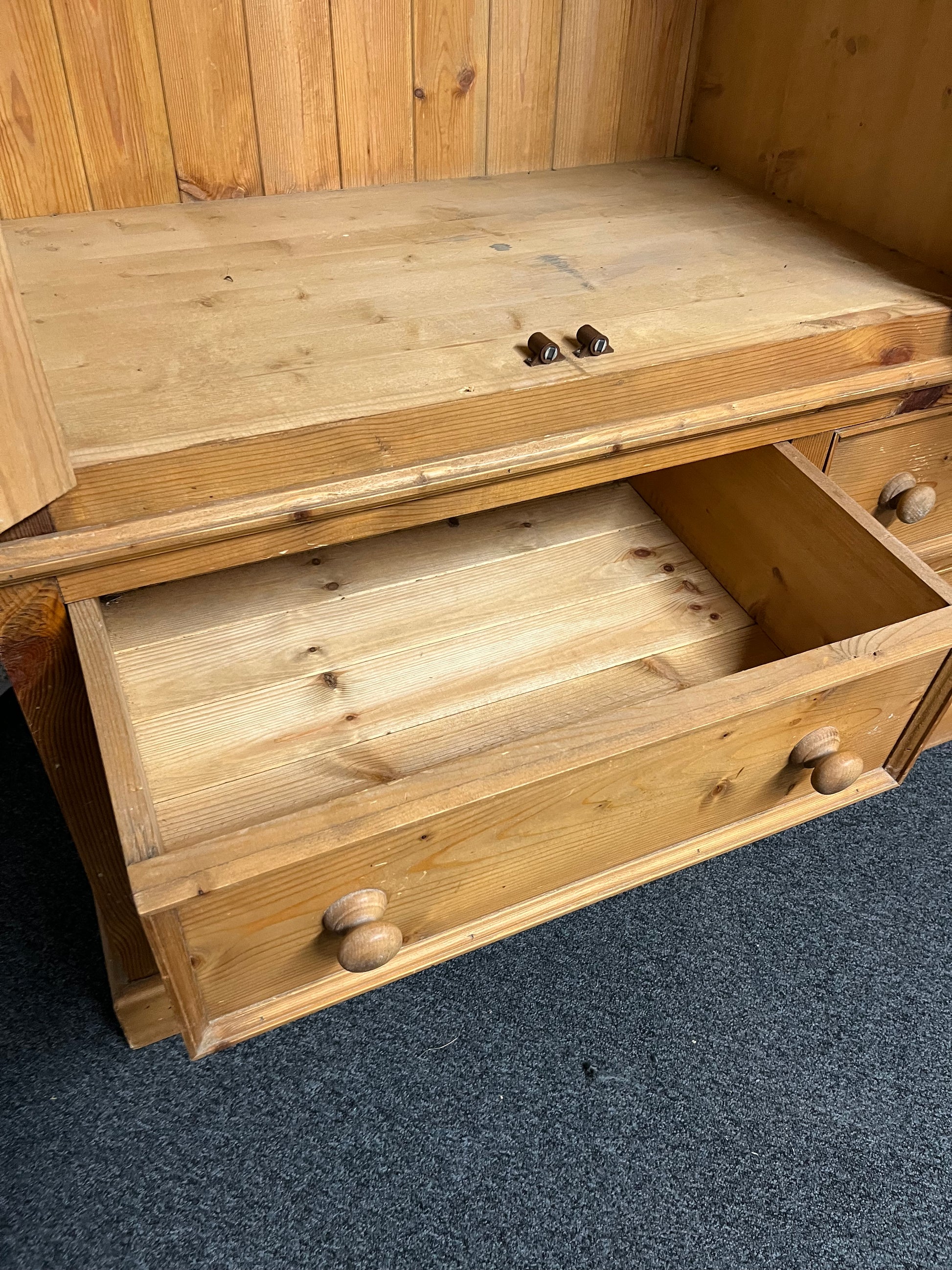 Solid tall pitch pine 3 door 4 drawer wardrobe with ornate pelmet (1480Wx2050Hx630D mm) 1225