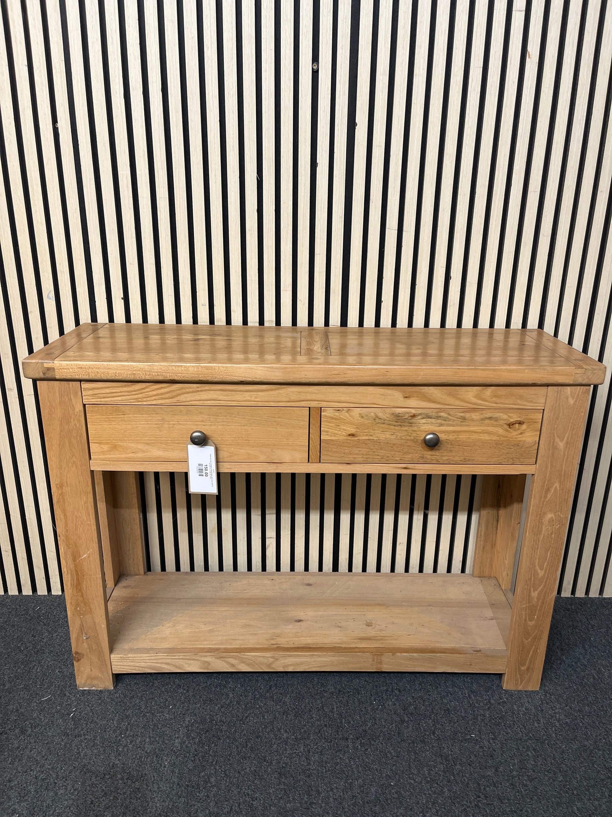 Solid oak long 2 drawer console table with base shelf (H 79 x W 110 x D 36 cm) 3126