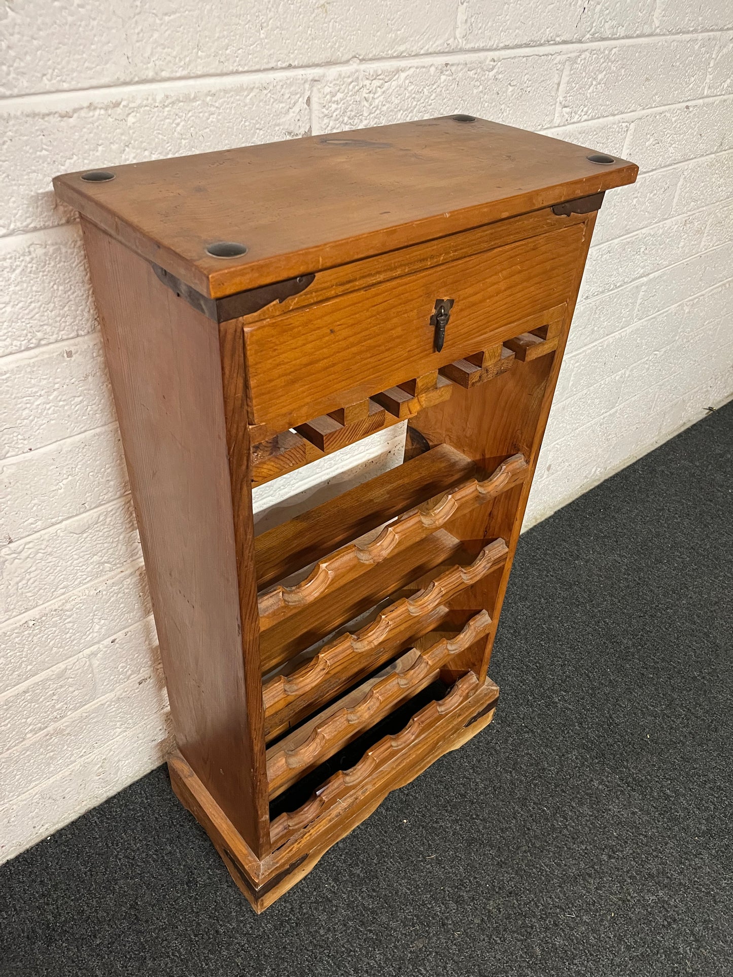 Mexican pine ornate wine rack with top drawer 1325