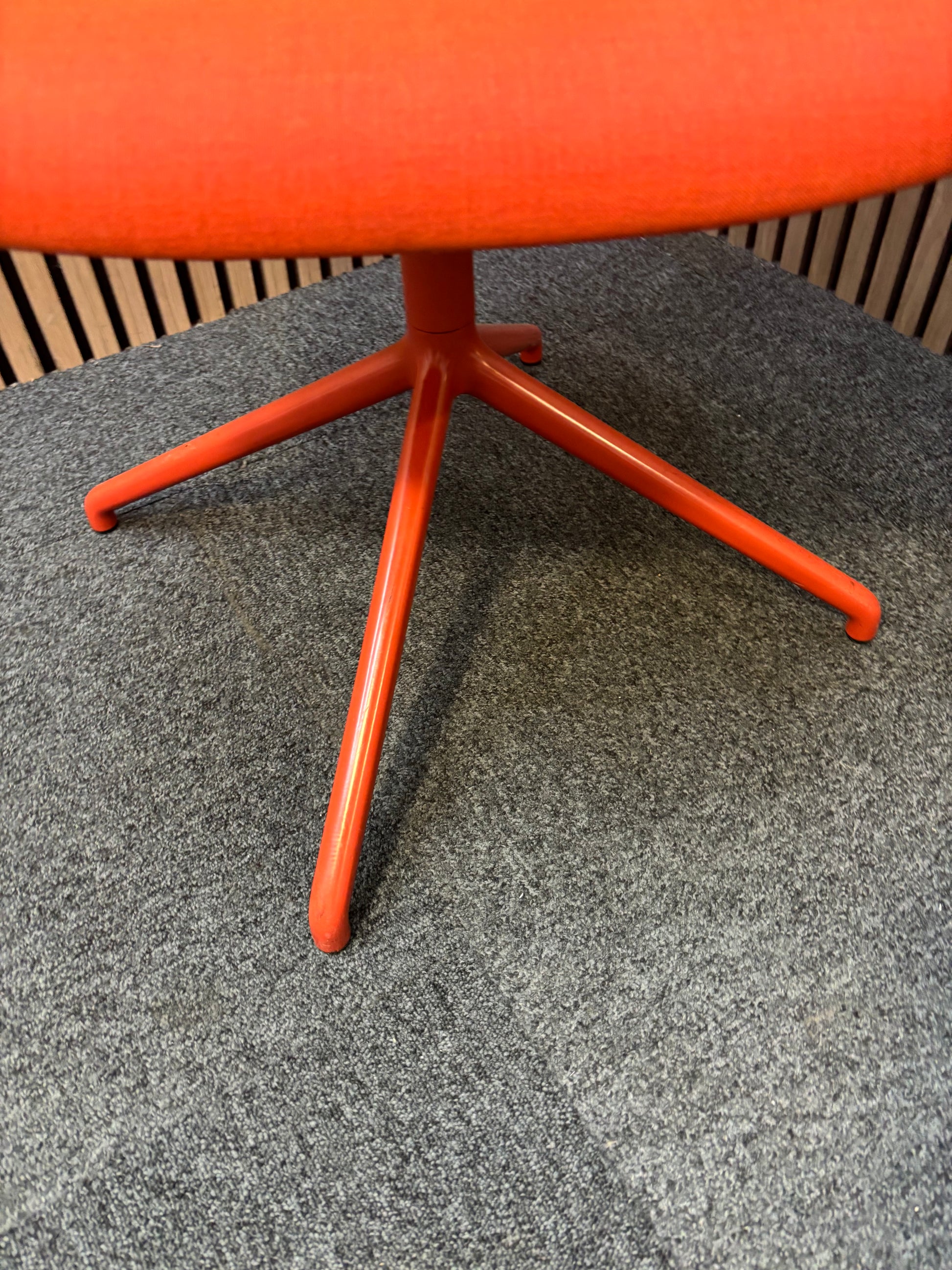 Muuto fibre armchair with a swivel base in manner 2 fabric with red painted metal spider base   J3911