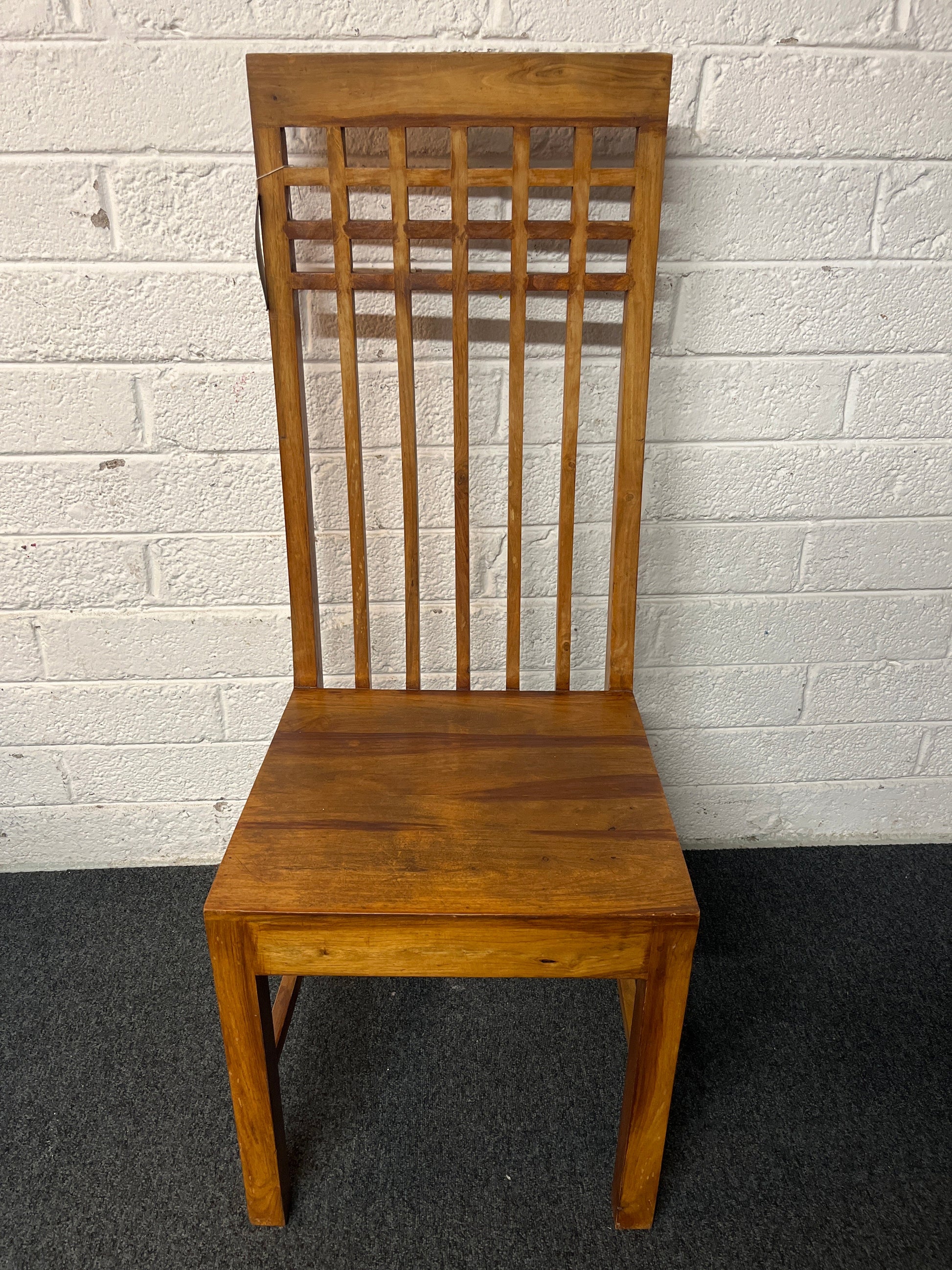 Solid dark teak wood stained high lattice back dining chair with wooden seat 2225