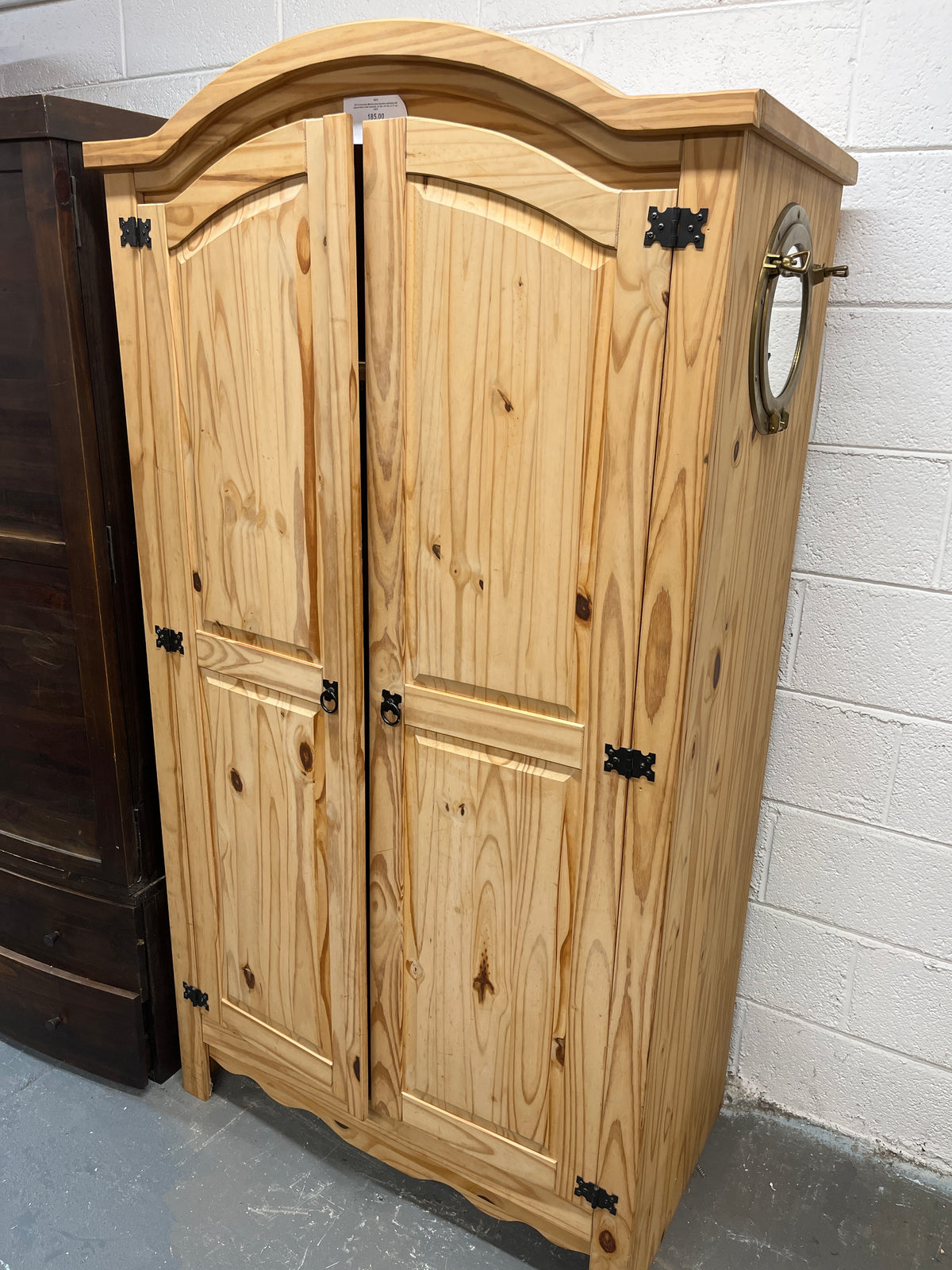 Tall Corona-style Mexican pine two-door wardrobe with original black metal hardware. (H 190 x W 100 x D 57 cm)  44070