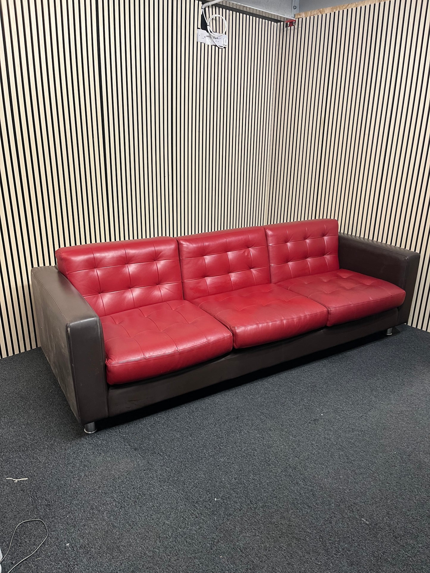 Real brown leather framed large 3 seater with wine leather button back cushions (230 cm wide) EX WINDMILL LANE  3325