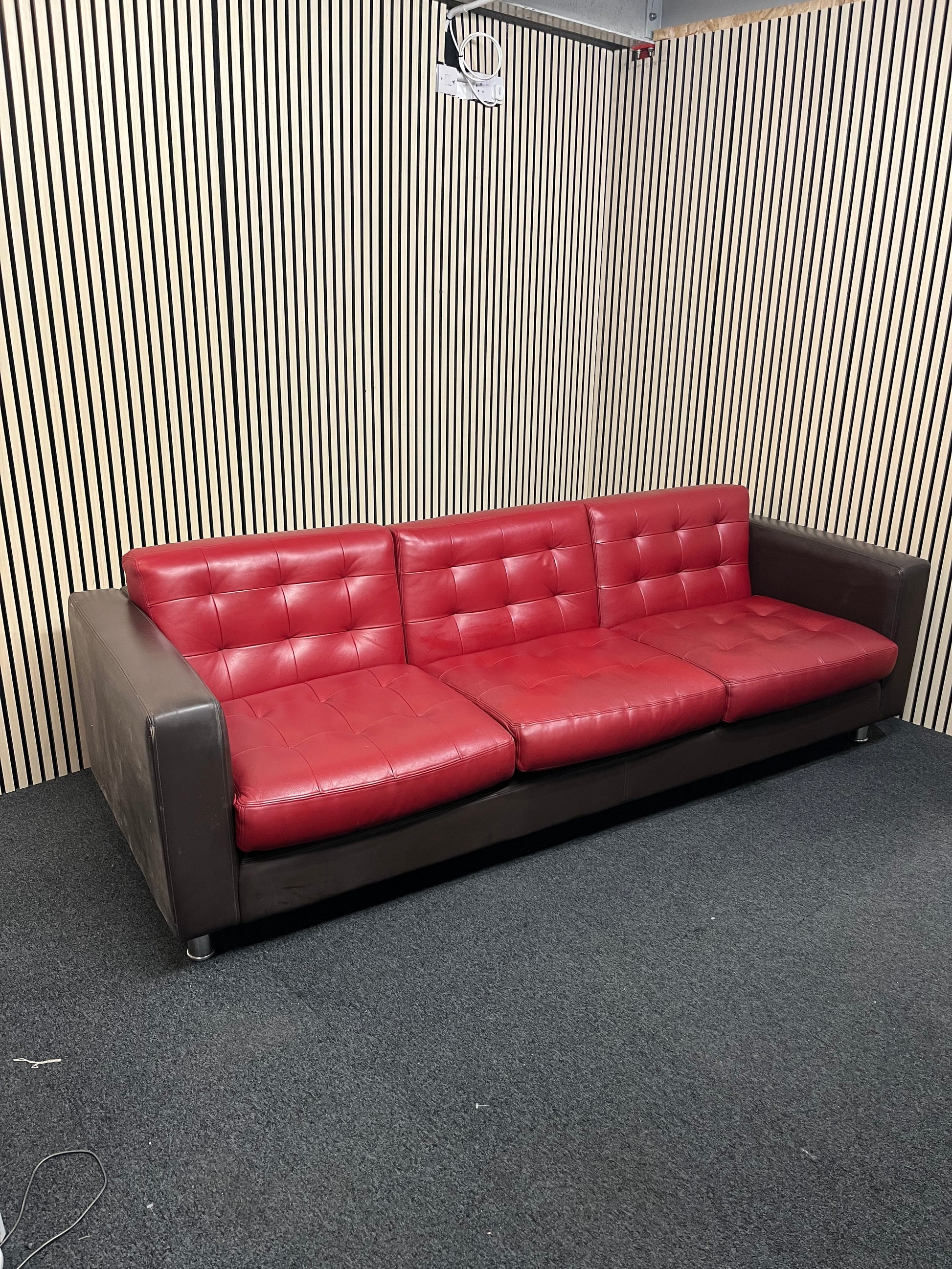 Real brown leather framed large 3 seater with wine leather button back cushions (230 cm wide) EX WINDMILL LANE  3325