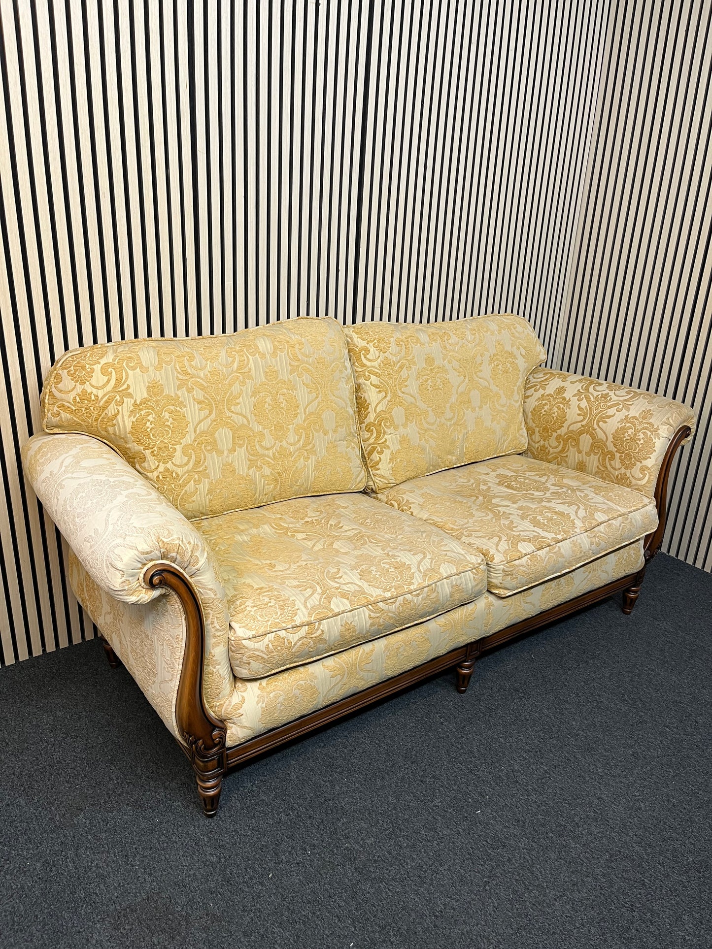 Ornate mahogany framed 2 seater sofa with embossed floral fabric (Width 2 meters) 2425