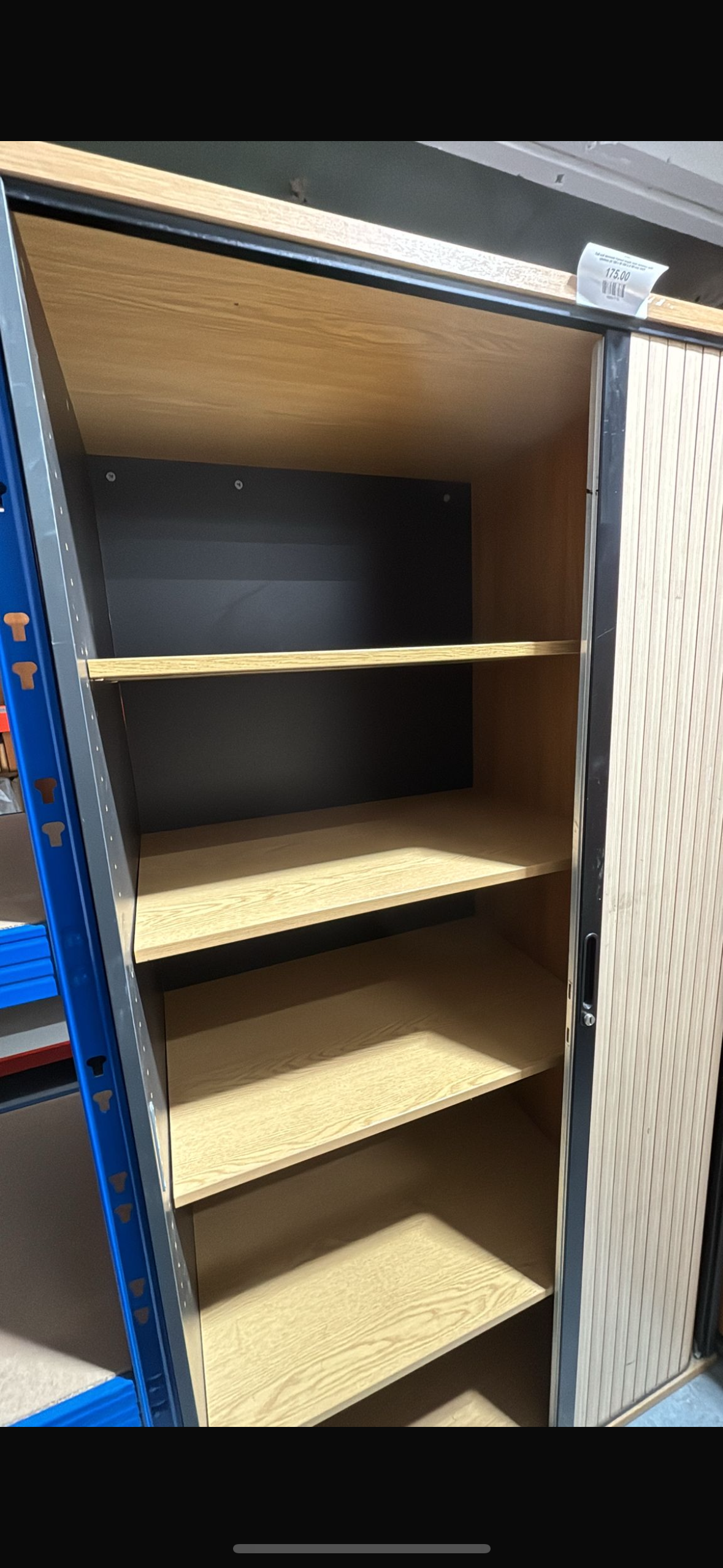 Tall oak laminate framed single door tambour with shelves (H 180 x W 100 x D 60 cm) 1425