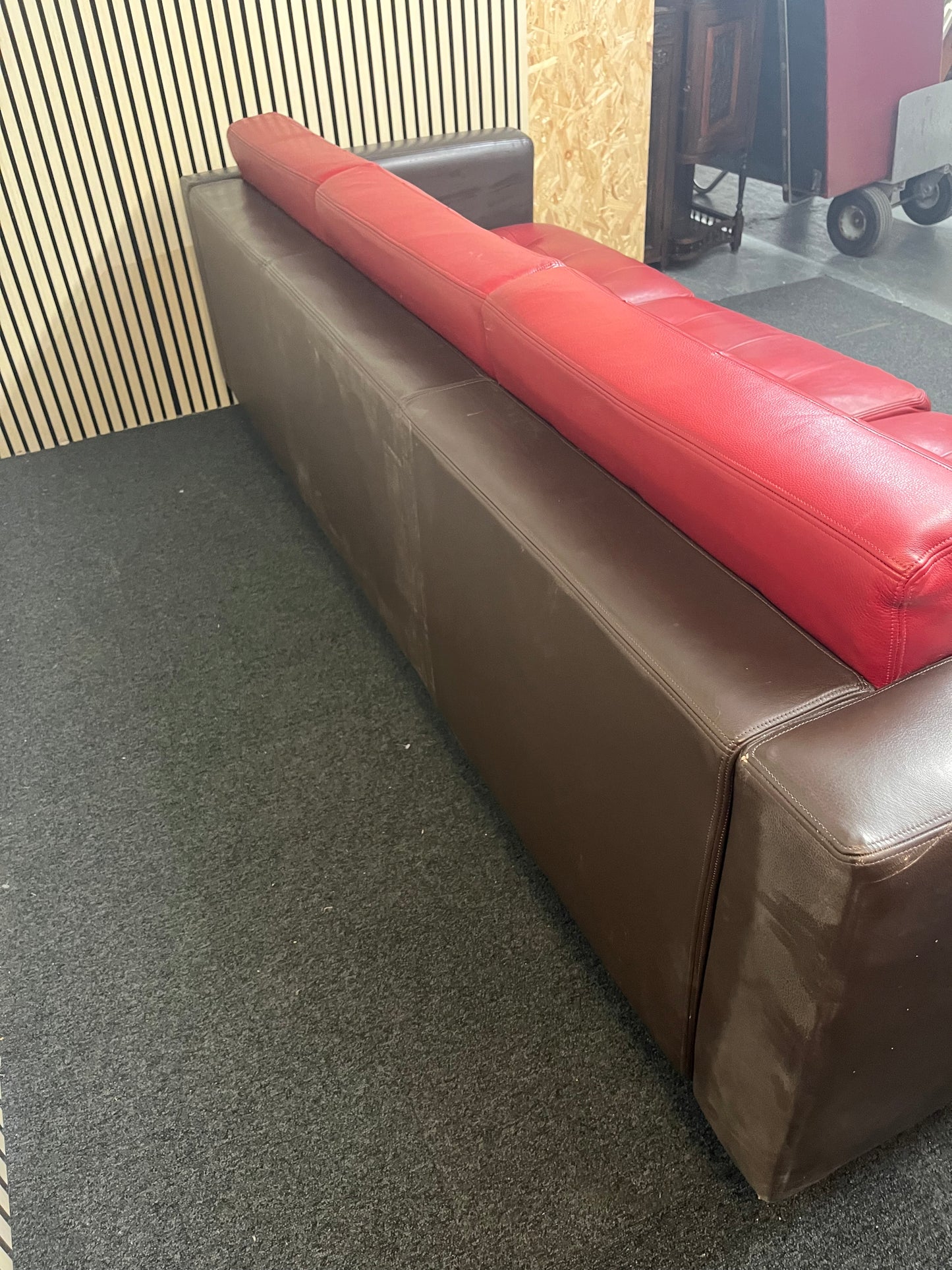 Real brown leather framed large 3 seater with wine leather button back cushions (230 cm wide) EX WINDMILL LANE  3325