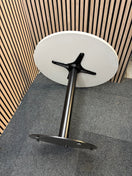 Monza circular dining table with flat black round base and white 800mm diameter table top
