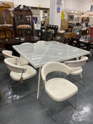 Switch Calligaris Large white powder coated framed frosted glass table (W 140 x L 140 cm) with 6 no chrome framed, white leatherette club chairs 3225 2 image