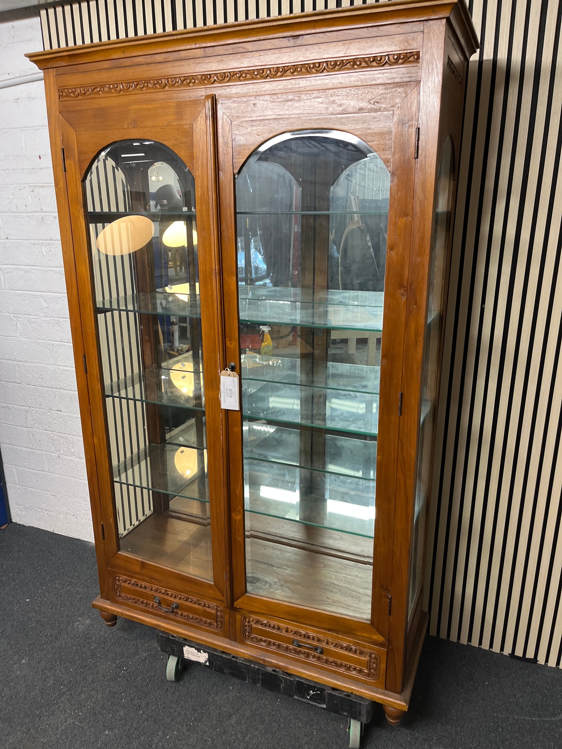 Solid dark wood carved details large 2 glass door 2 drawer display unit (H 200 x W 122 x D 45 cm) 1325