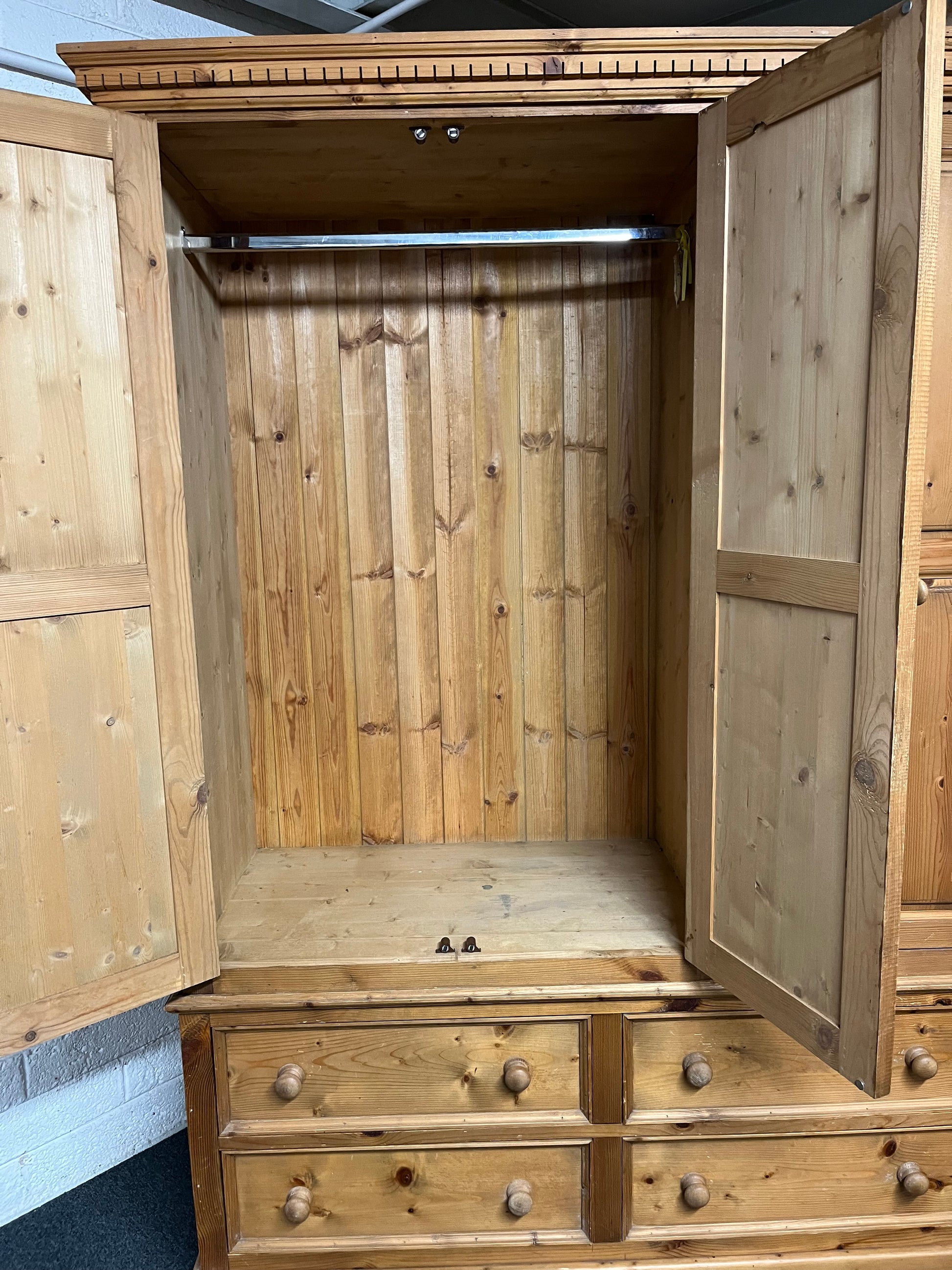 Solid tall pitch pine 3 door 4 drawer wardrobe with ornate pelmet (1480Wx2050Hx630D mm) 1225