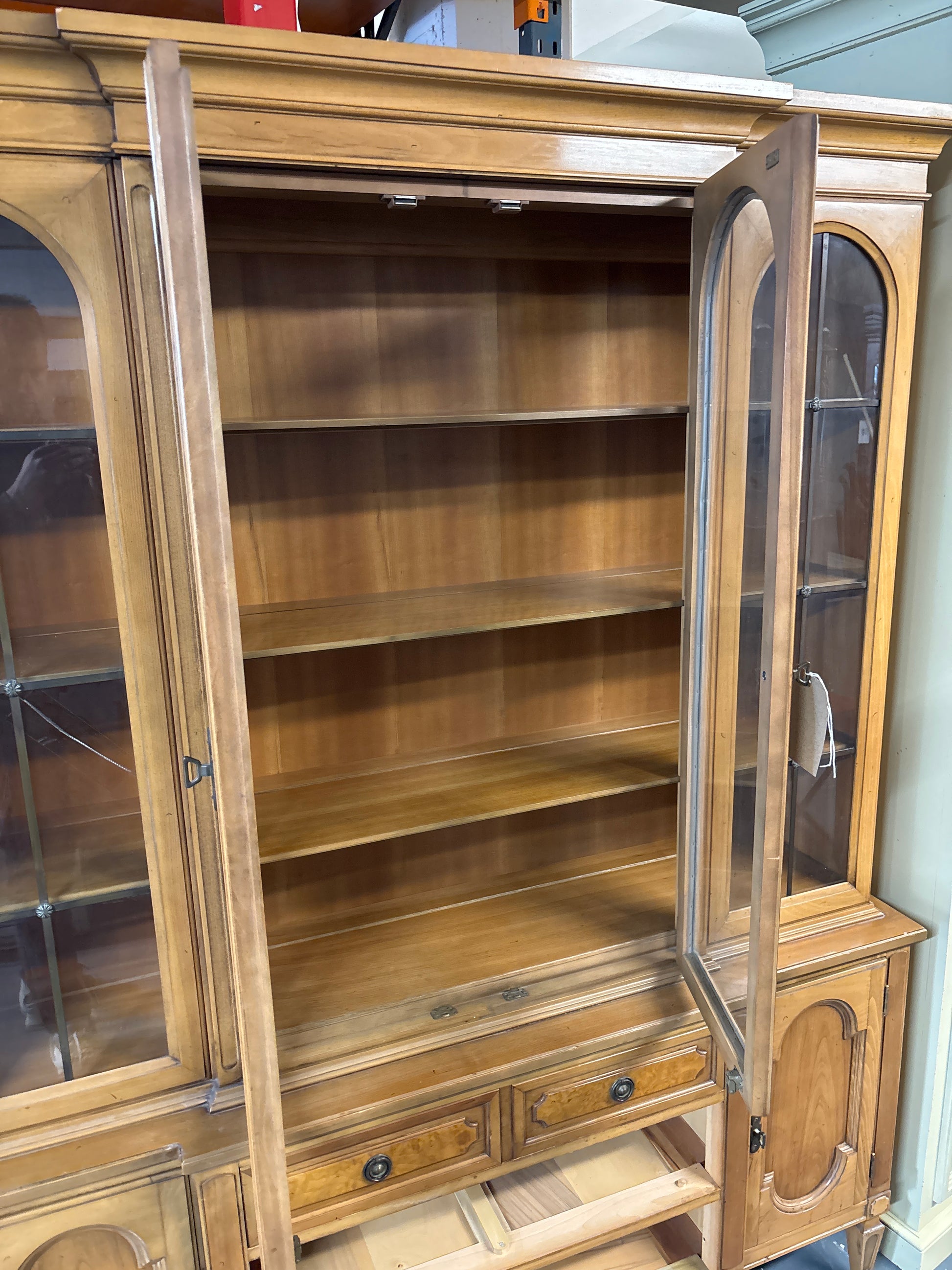 Large beech stained glass display case with 2 glass doors, 3 drawers and 2 low side doors  (H 2000 x W 1500 x D 450 mm) (cracked window) 2225