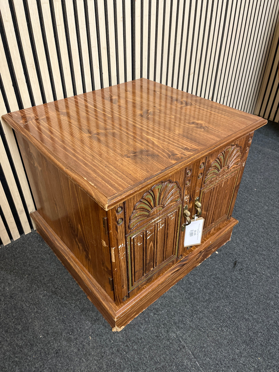 Dark wood ornate laminate 2 door low storage unit with gold detailing  44300