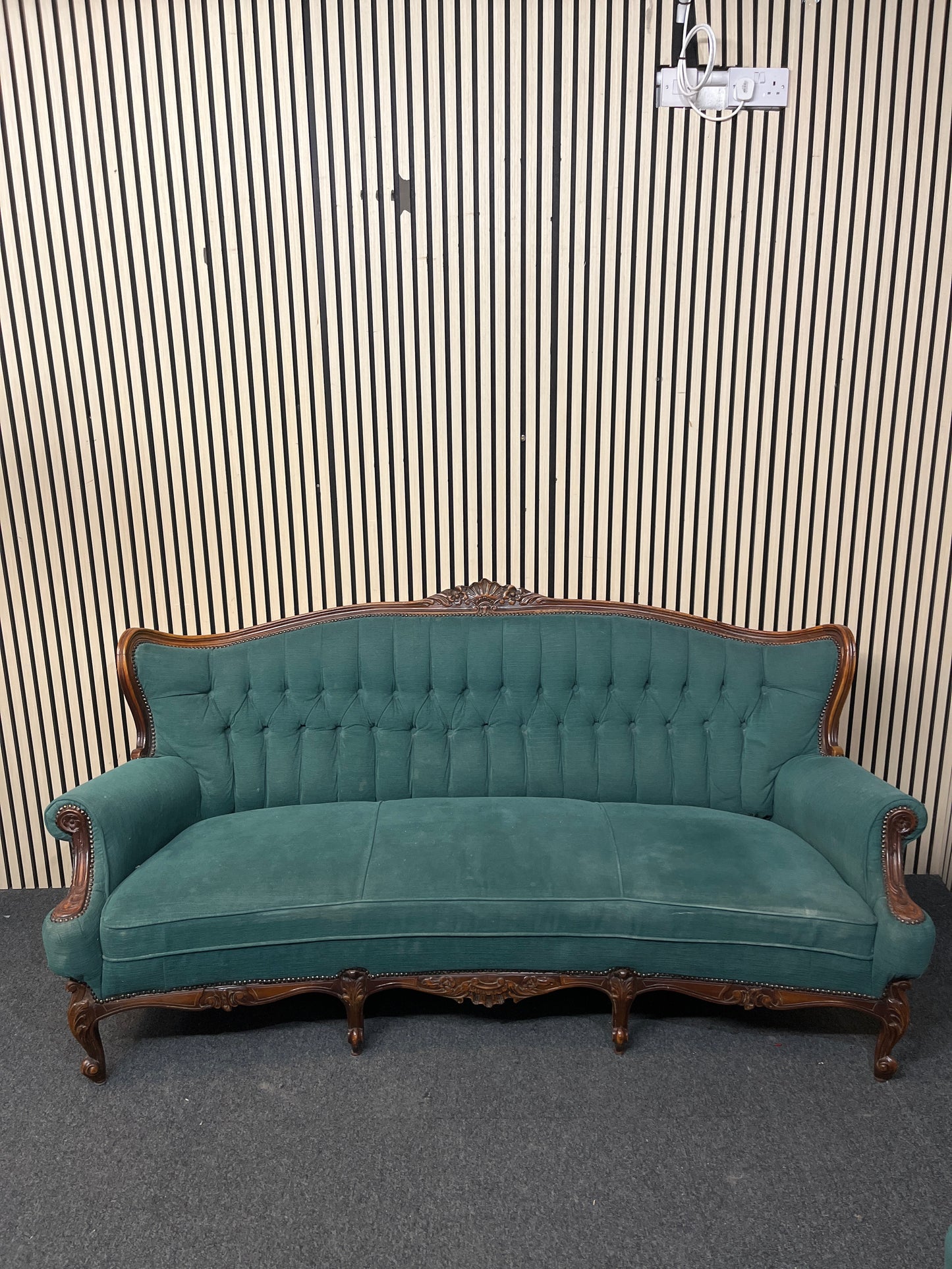 3+1+1 ornate mahogany framed wing back suite in dark green button back fabric E425 3126