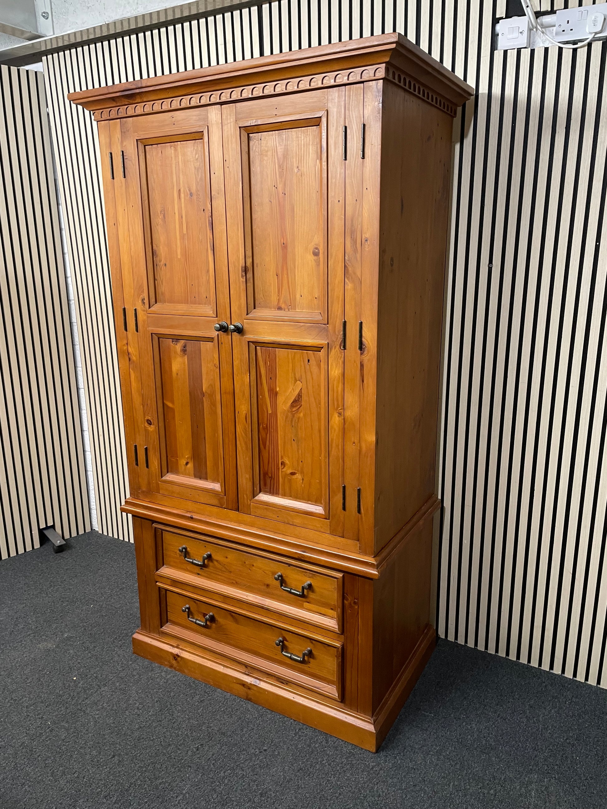 Natural solid pine ornate tall 2 door 2 drawer wardrobe with pelmet  (H 202 x W 105 x D 63 cm) 2425
