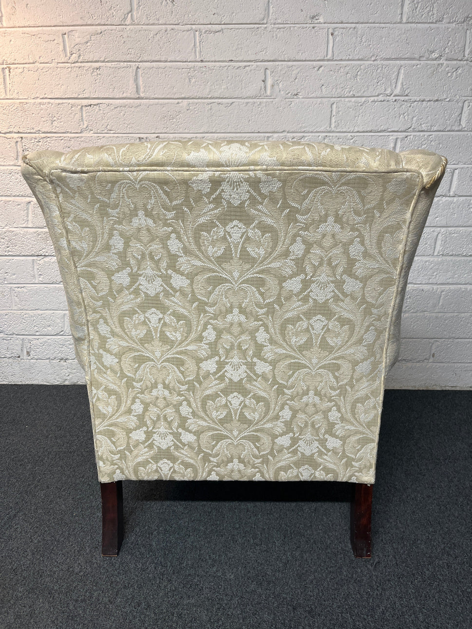 Cream mix fabric Queen Anne armchair solid wood frame, brass castors. 2225