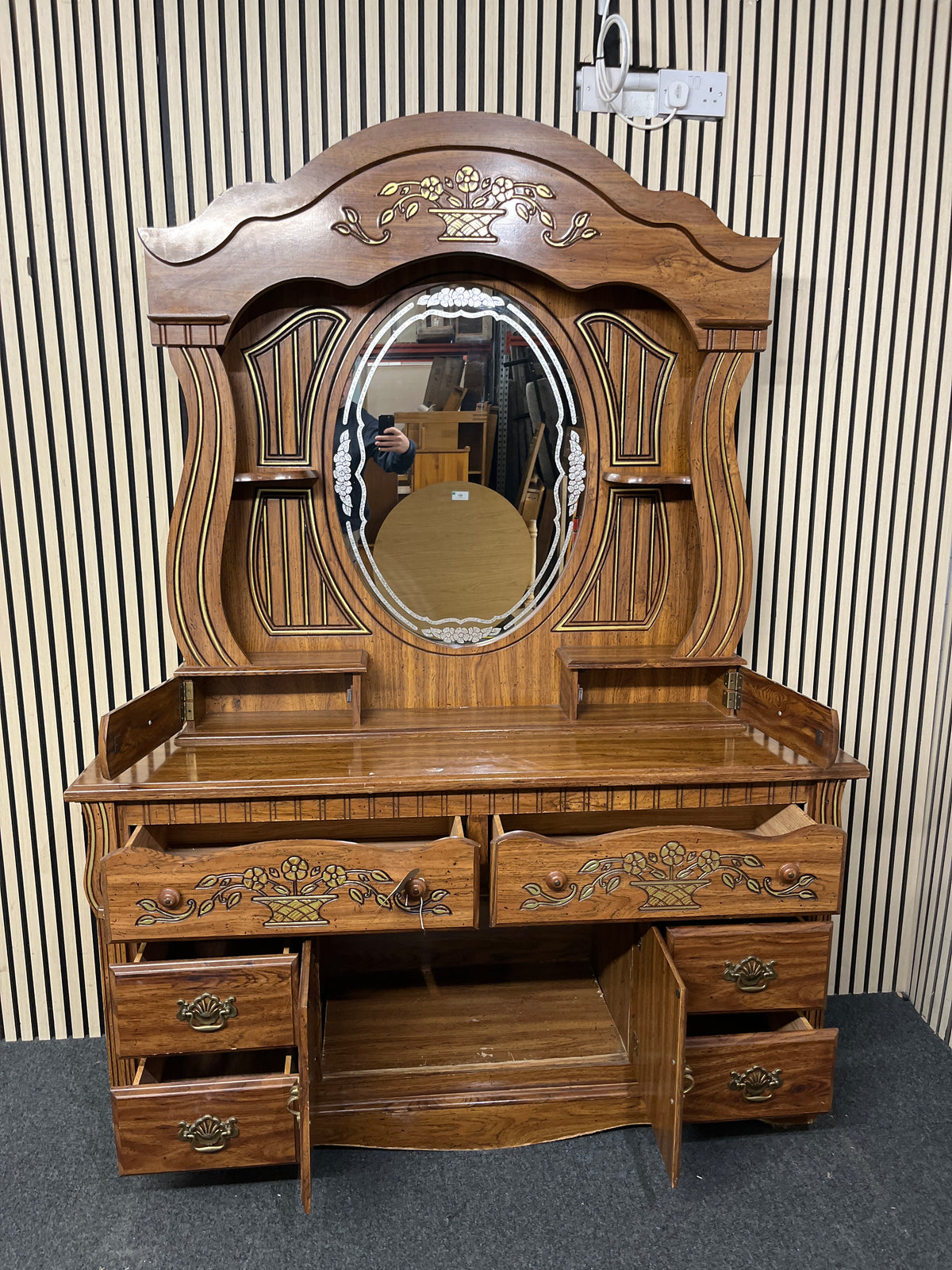 Ornate dark wood laminate mirrorered display unit with base storage ( H 210 x W 156 x D 46 cm)  44305