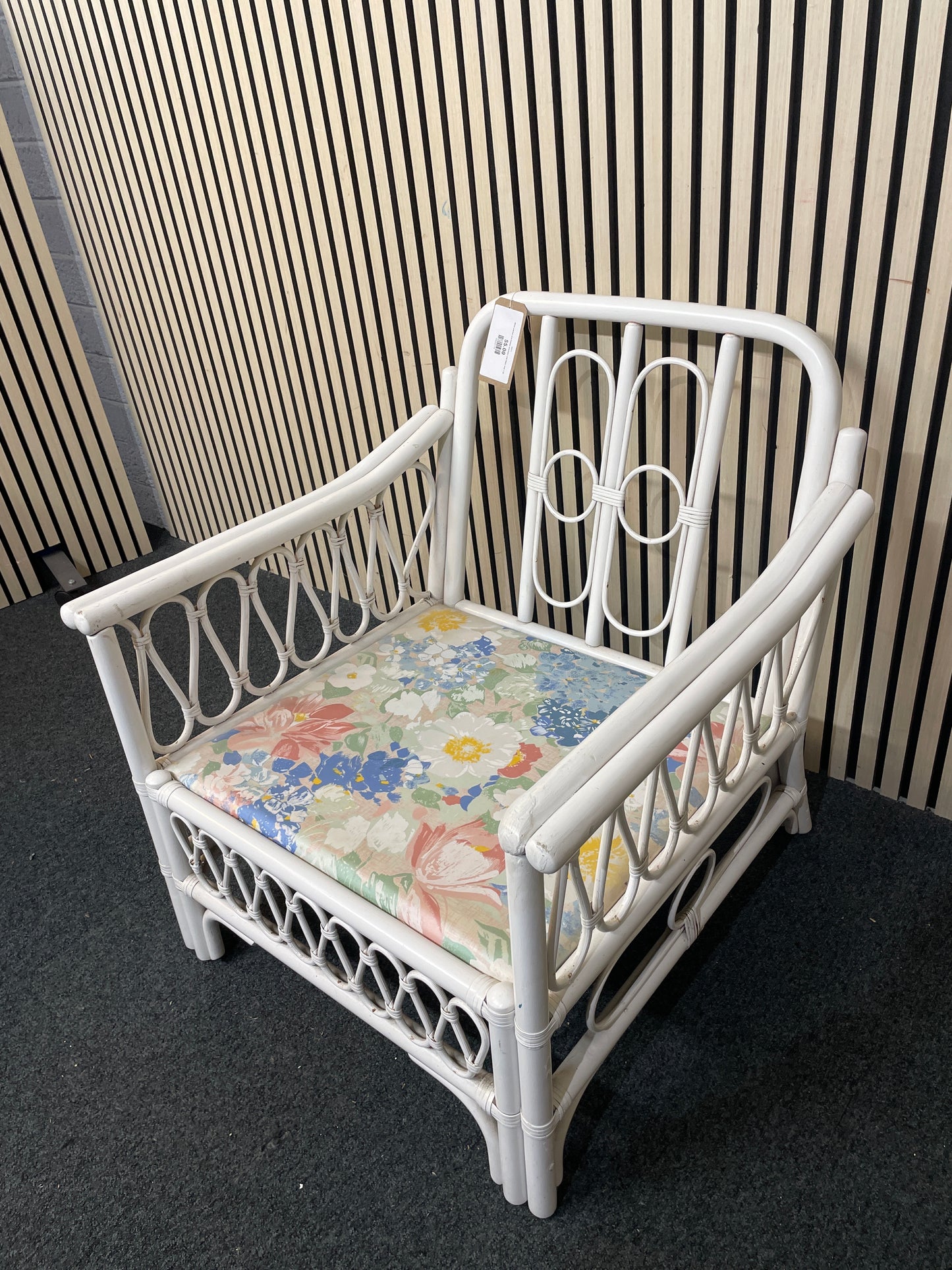 White painted cane framed armchairs with fabric seat 1126