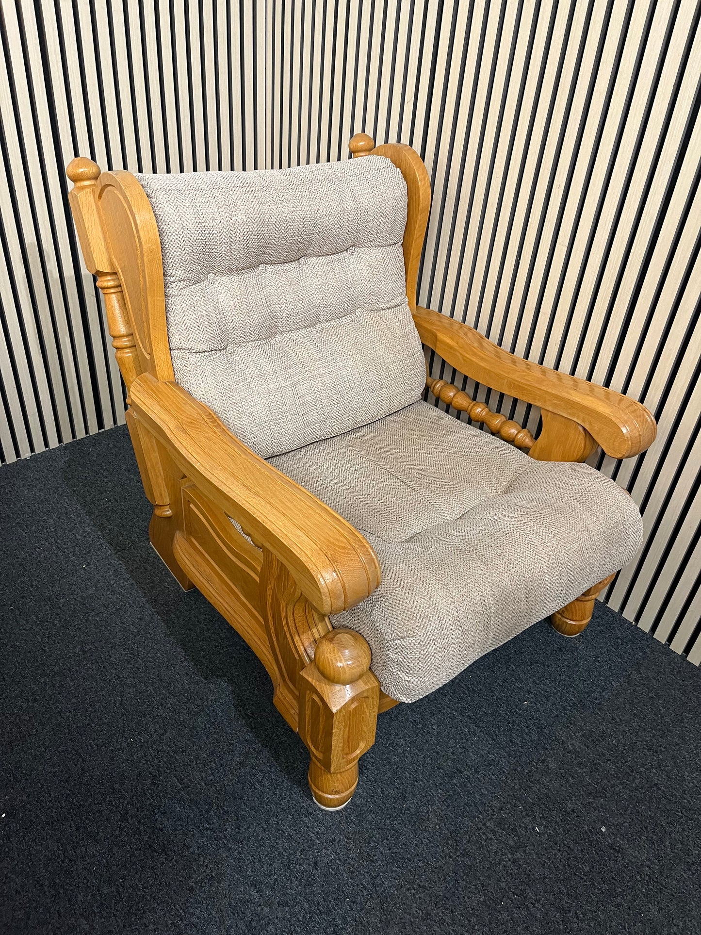 Solid Dutch Oak 2+2+1+1 sofa suite with light brown fabric cushions (imported from South Africa)