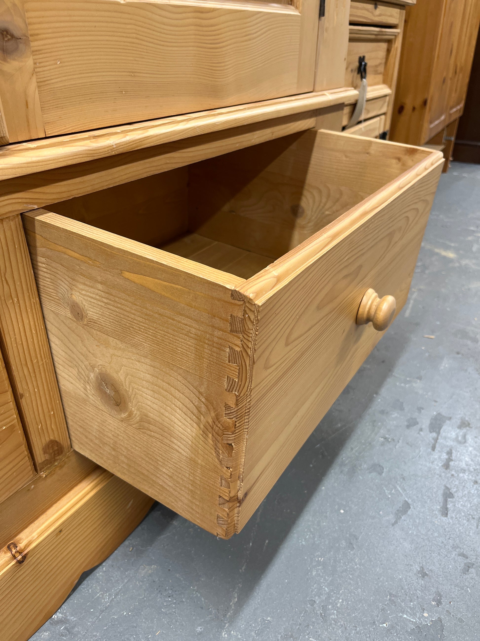 Large 2 door 2 drawer pitch pine wardrobe (H 205 x W 145 x D 59 cm) 2225