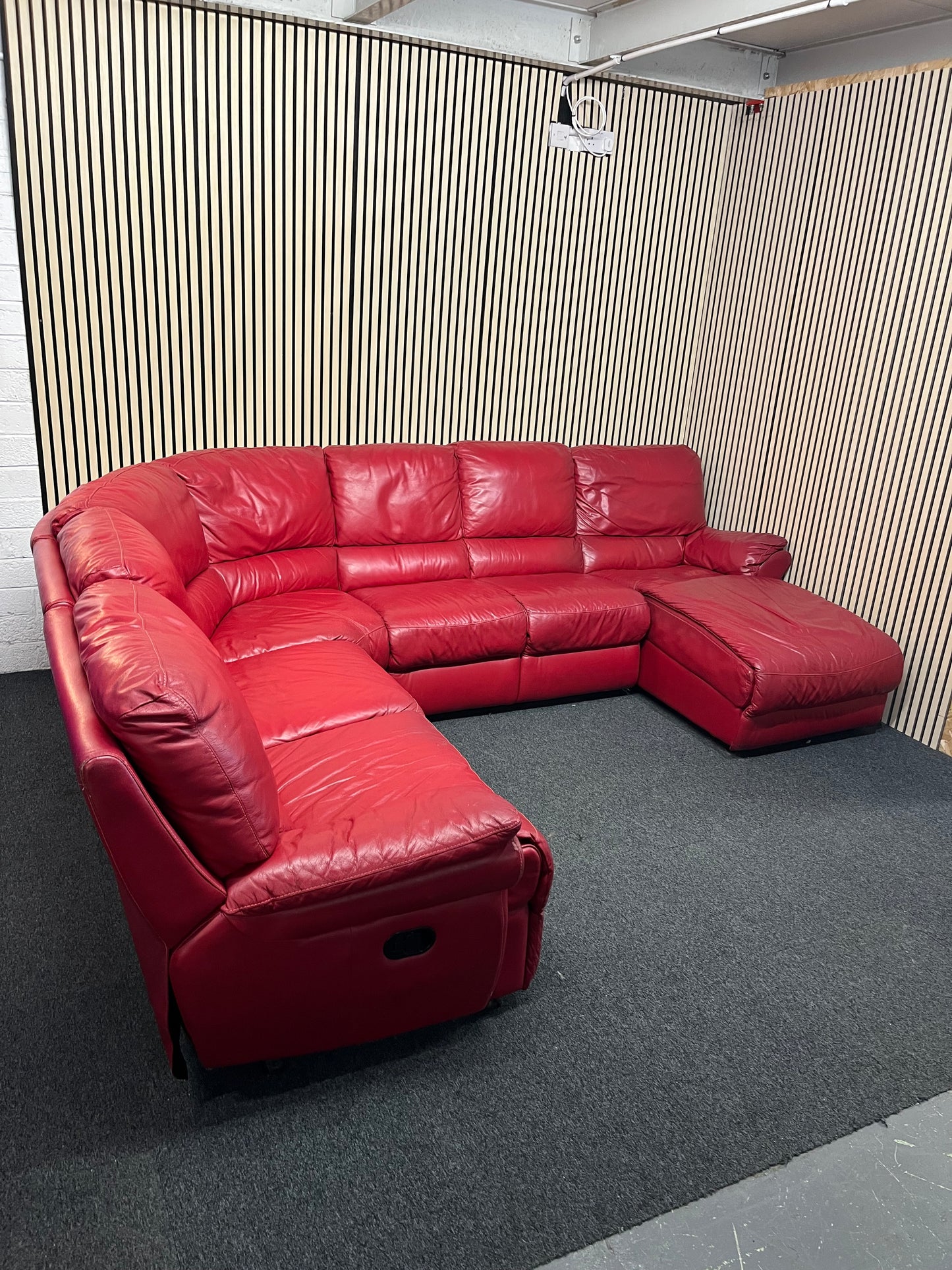 Large sectional real red leather corner recliner sofa set (W 3 x D 2.7 meters)