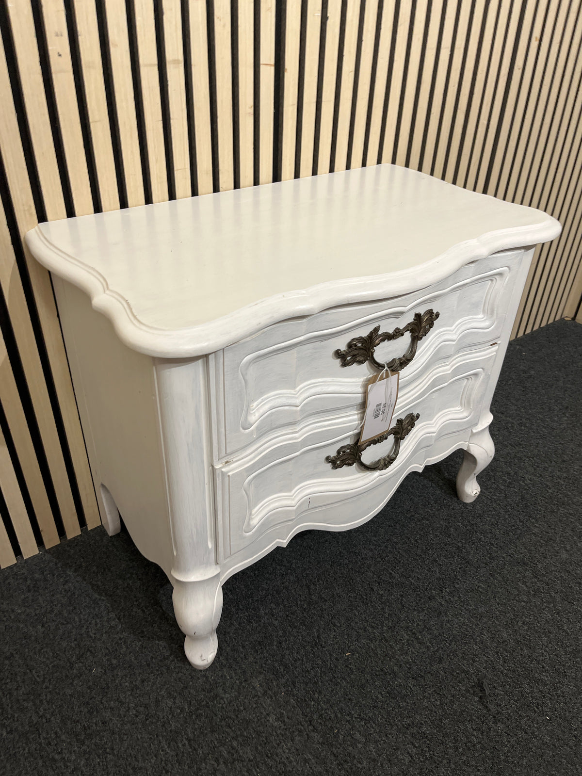 Ornate 2 drawer low white painted chest of drawers   44254