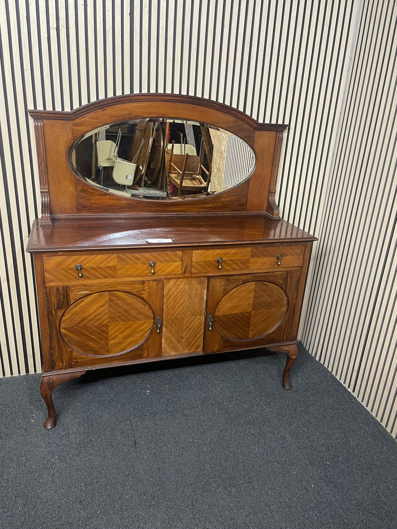 Edwardian style mahogany sideboard featuring inlaid parquetry and oval mirror, height 150 cm, width 132 cm, depth 47 cm  44723