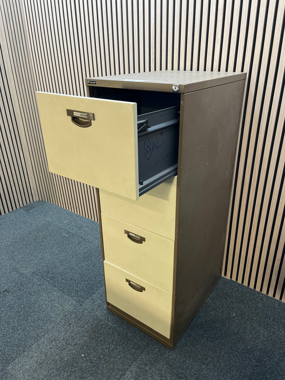Coffee and cream metal Triumph 4 drawer filing cabinet with key