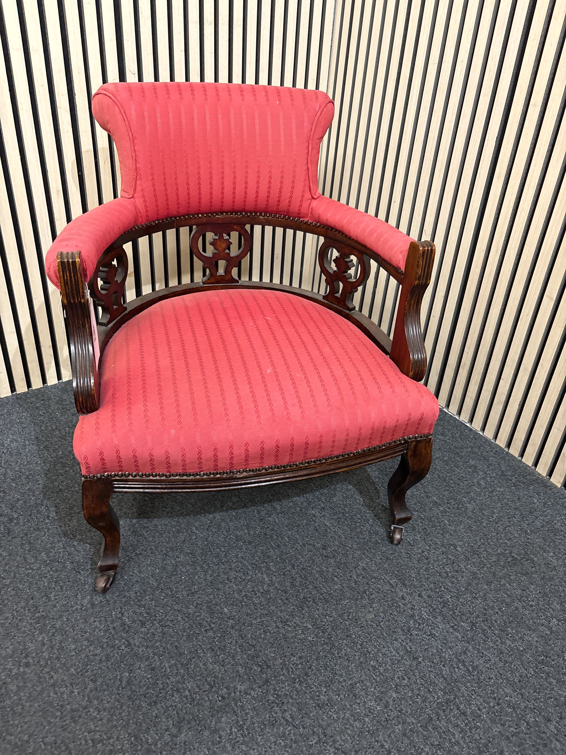 Wine stripe fabric, solid mahogany framed occasional chair with splayed legs 43514
