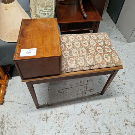retro teak stained telephone table cw fabric seat