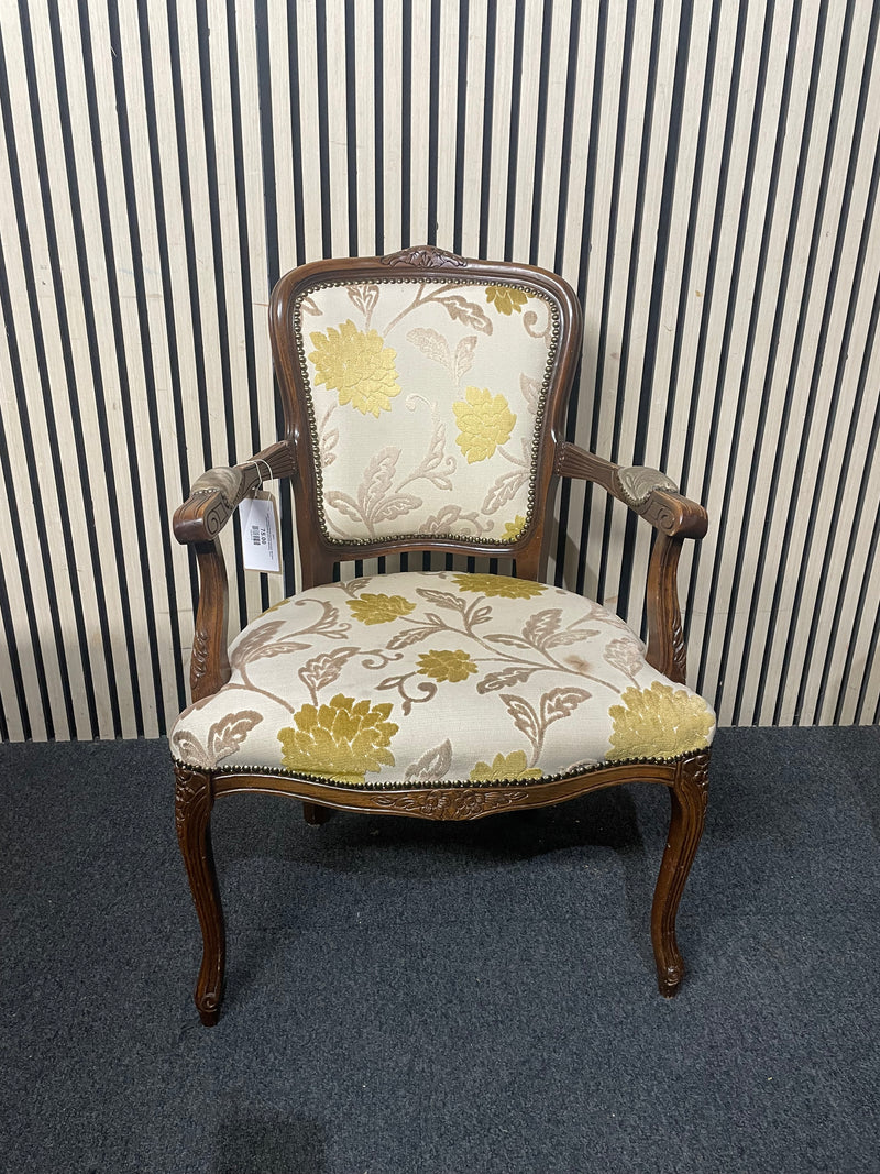 Italian Limogue Carved wooden armchair with floral pattern upholstery and stud detailing.  44731