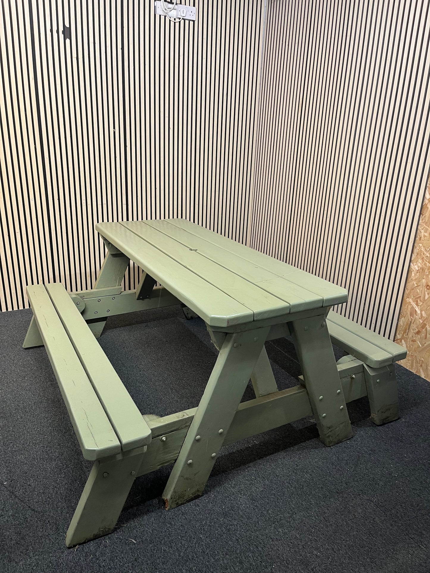 Large solid wood table bench combo with green pastel weather coat (width 165 cm) 43524