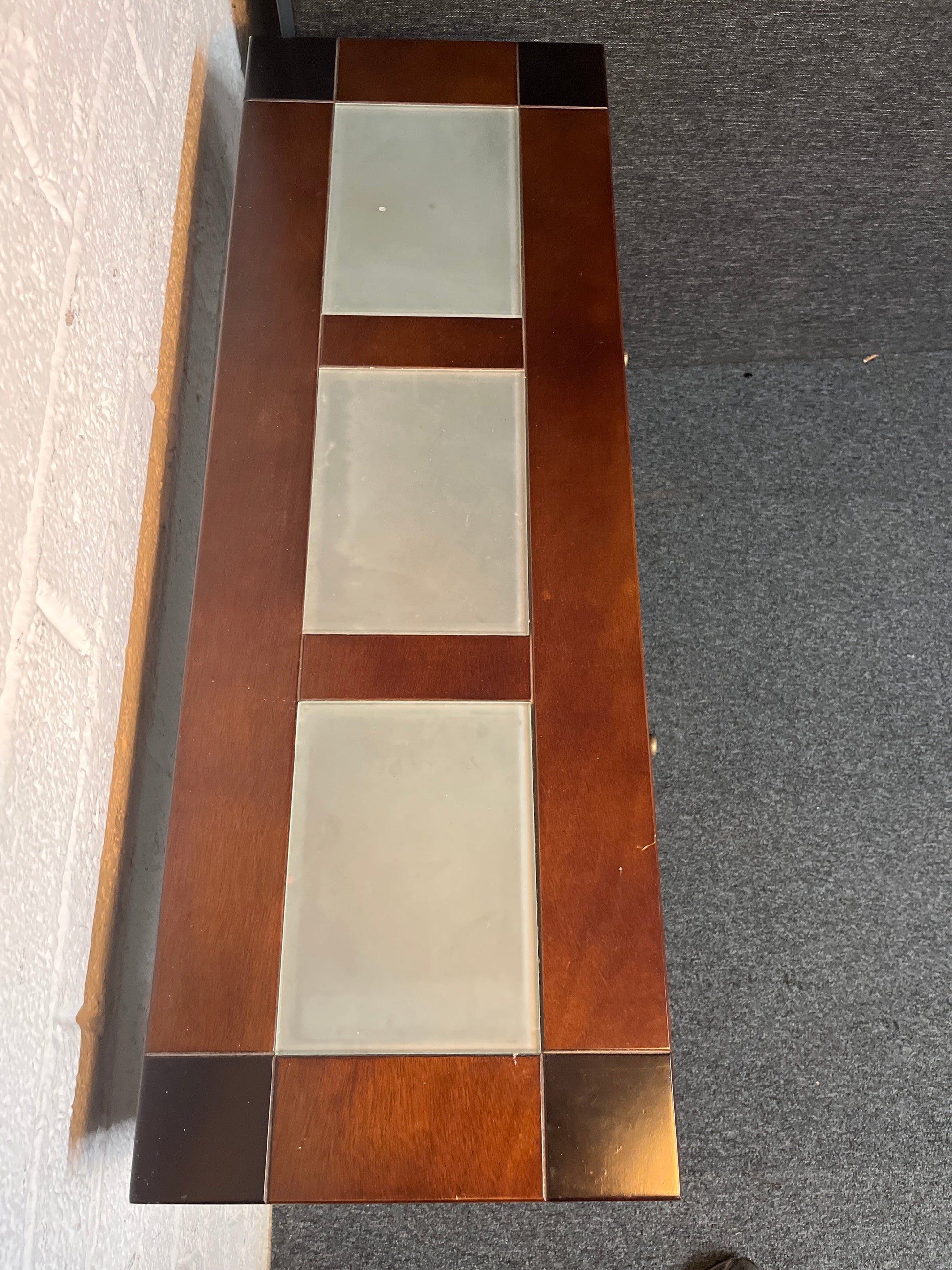 Dark wood stained solid wood console table, frosted glass top with drawers 935Wx235Dx800H 3225