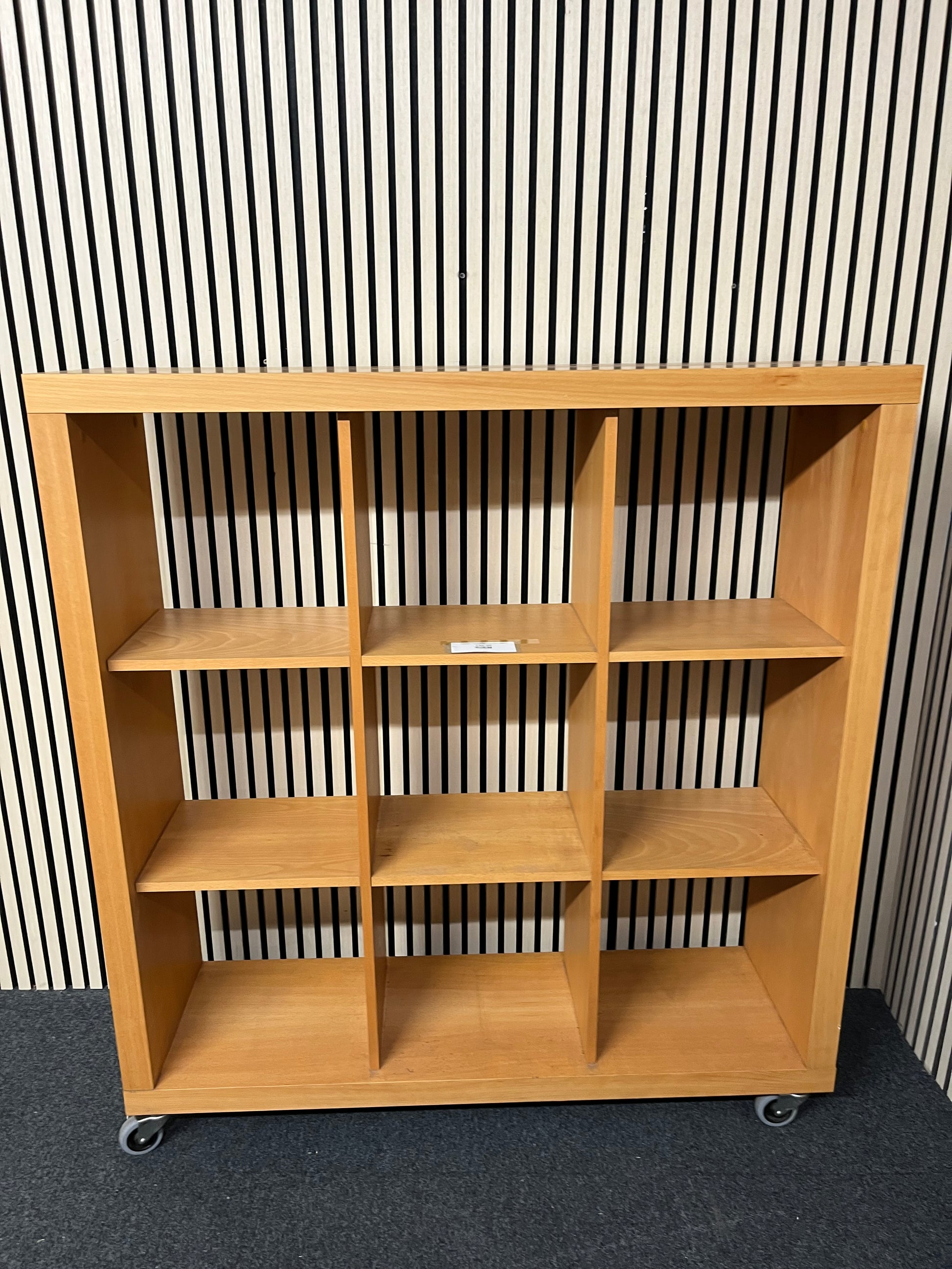 Beech veneer 9 section storage unit on castors (H 135 x W 125 x D 36 cm) 3325