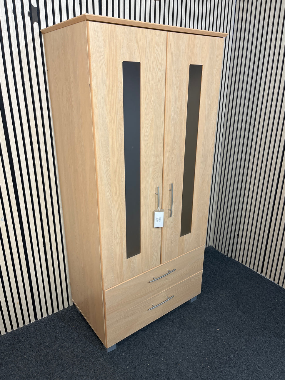 Tall beech laminate 2 door 2 drawer wardrobe (H 187 x W 87 x D 54 cm) 2226